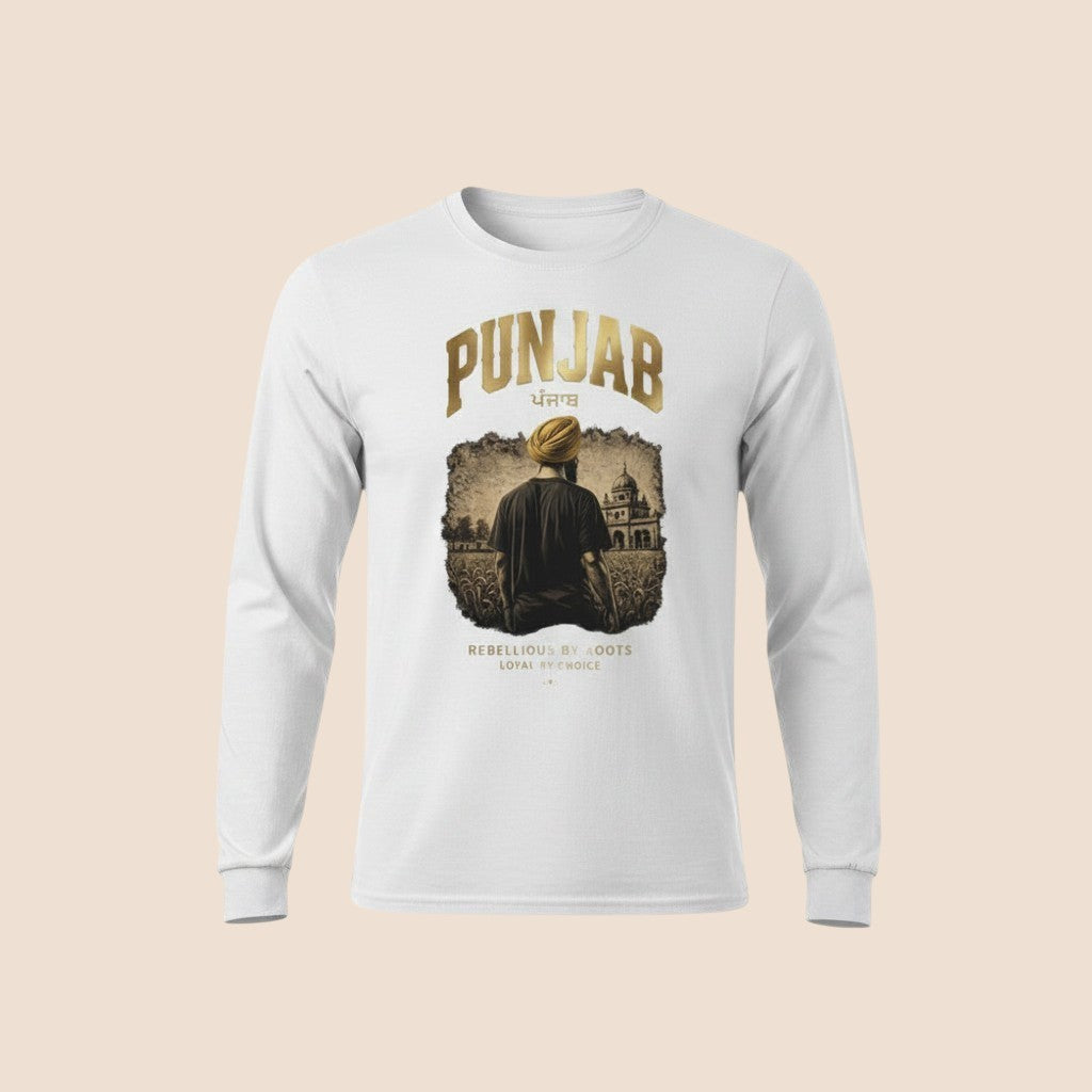 PUNJAB BOLDA white long sleeve cotton shirt featuring a graphic of a man in a turban with the text Rebellious by Roots