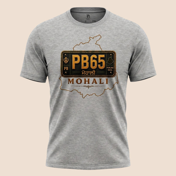 Mohali PB65 unisex classic tee featuring a district license plate graphic from the Punjab Bolda Jila Collection, celebrating hometown pride and Punjabi roots.