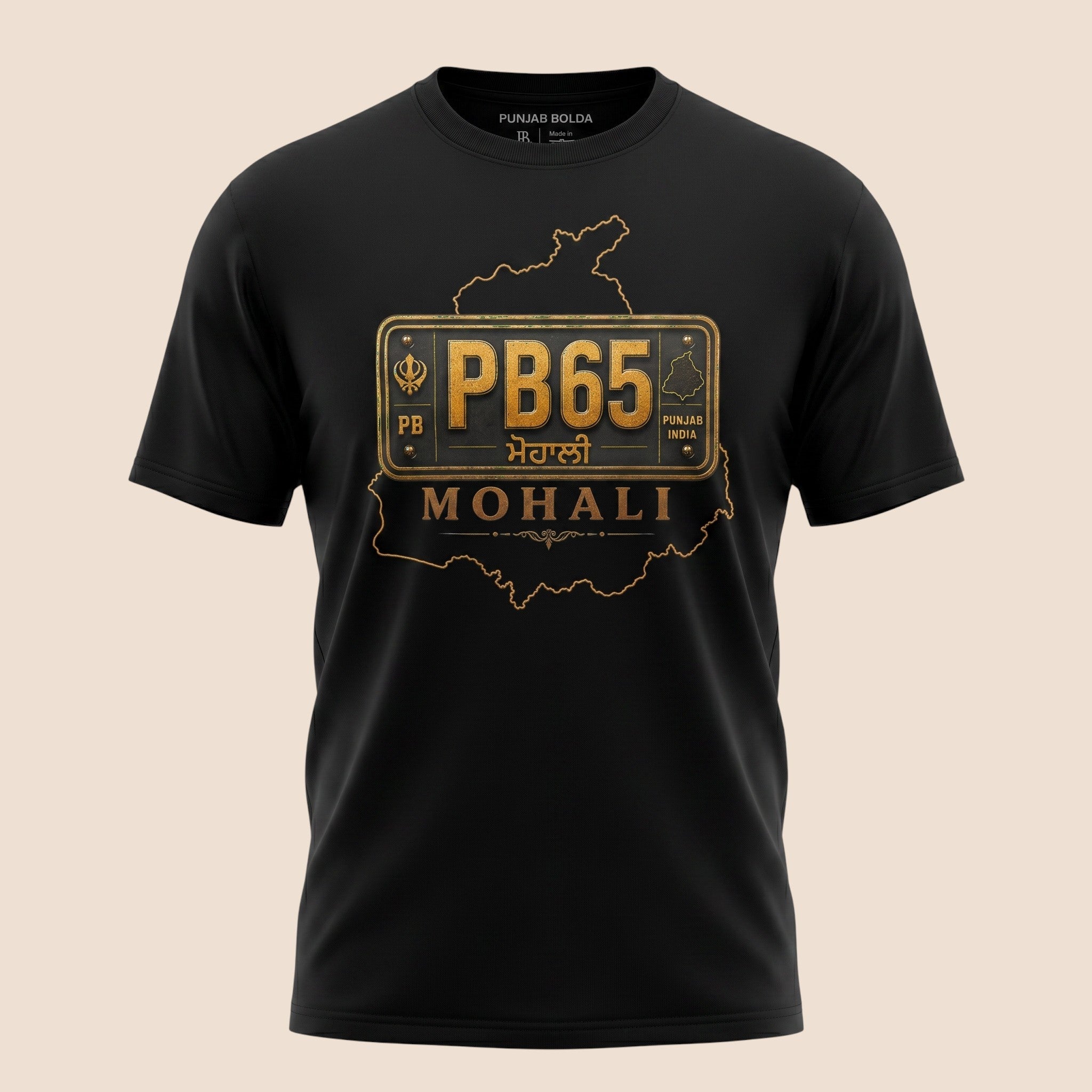 Mohali PB65 unisex classic tee showing the PB65 Mohali license plate design from the Punjab Bolda Jila Collection.