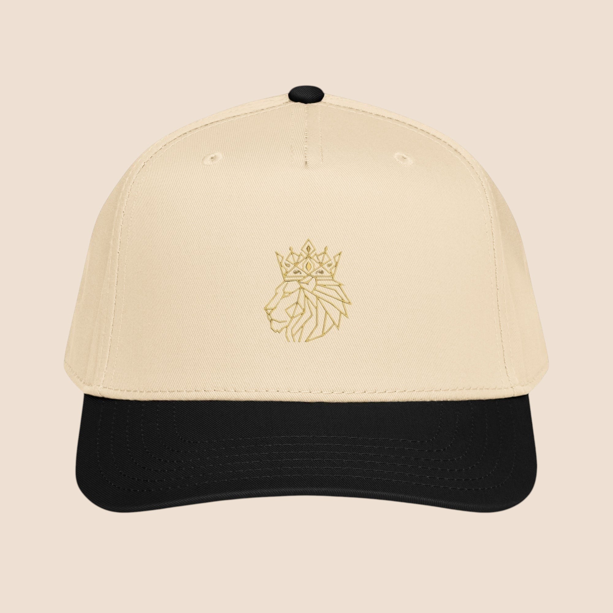 PUNJAB BOLDA beige and black 5 panel cap with embroidered crowned lion logo. Polyester-cotton blend.