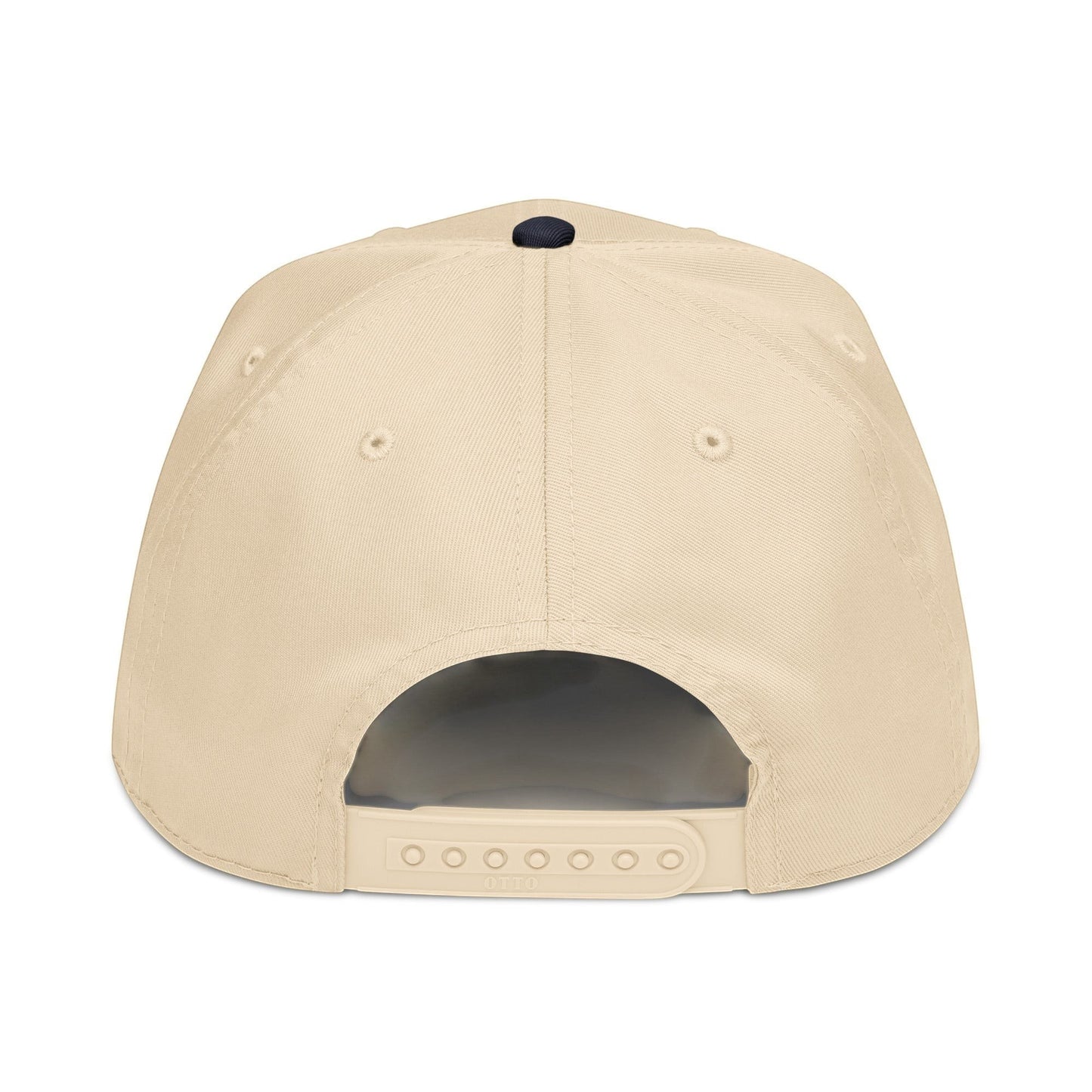 PUNJAB BOLDA beige 5 panel cap with adjustable snap closure and dark blue button on top. Made of polyester and cotton.