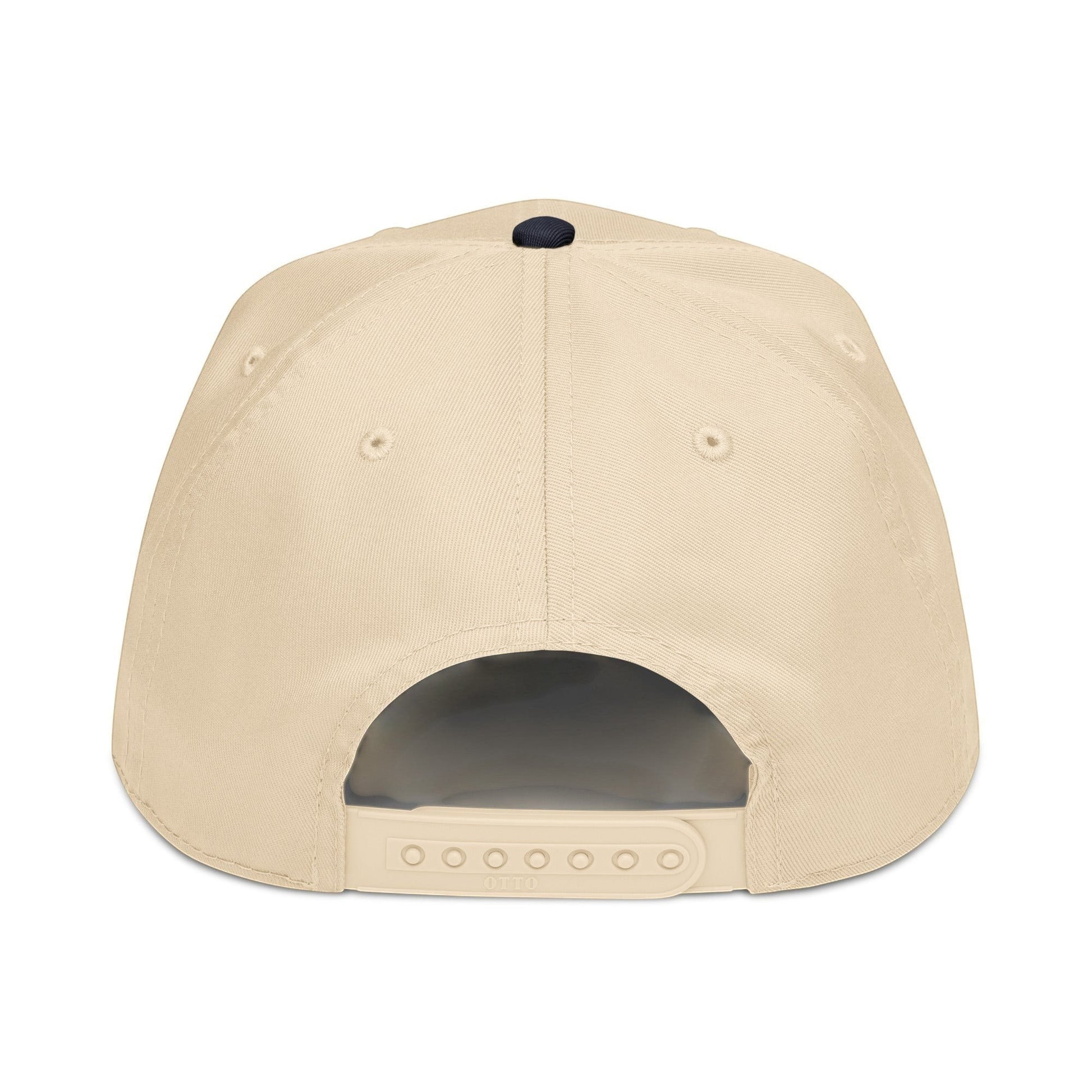 PUNJAB BOLDA beige 5 panel cap with adjustable snap closure and dark blue button on top. Made of polyester and cotton.