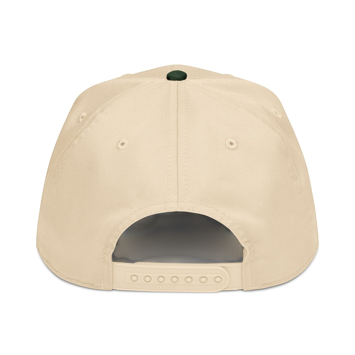 PUNJAB BOLDA beige 5 panel cap with dark green button on top, adjustable snap closure, and polyester-cotton blend.