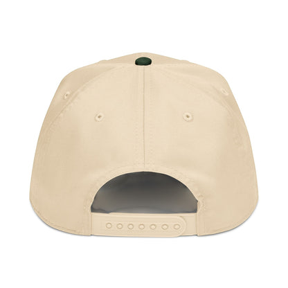 PUNJAB BOLDA beige 5 panel cap with dark green button on top, adjustable snap closure, and polyester-cotton blend.