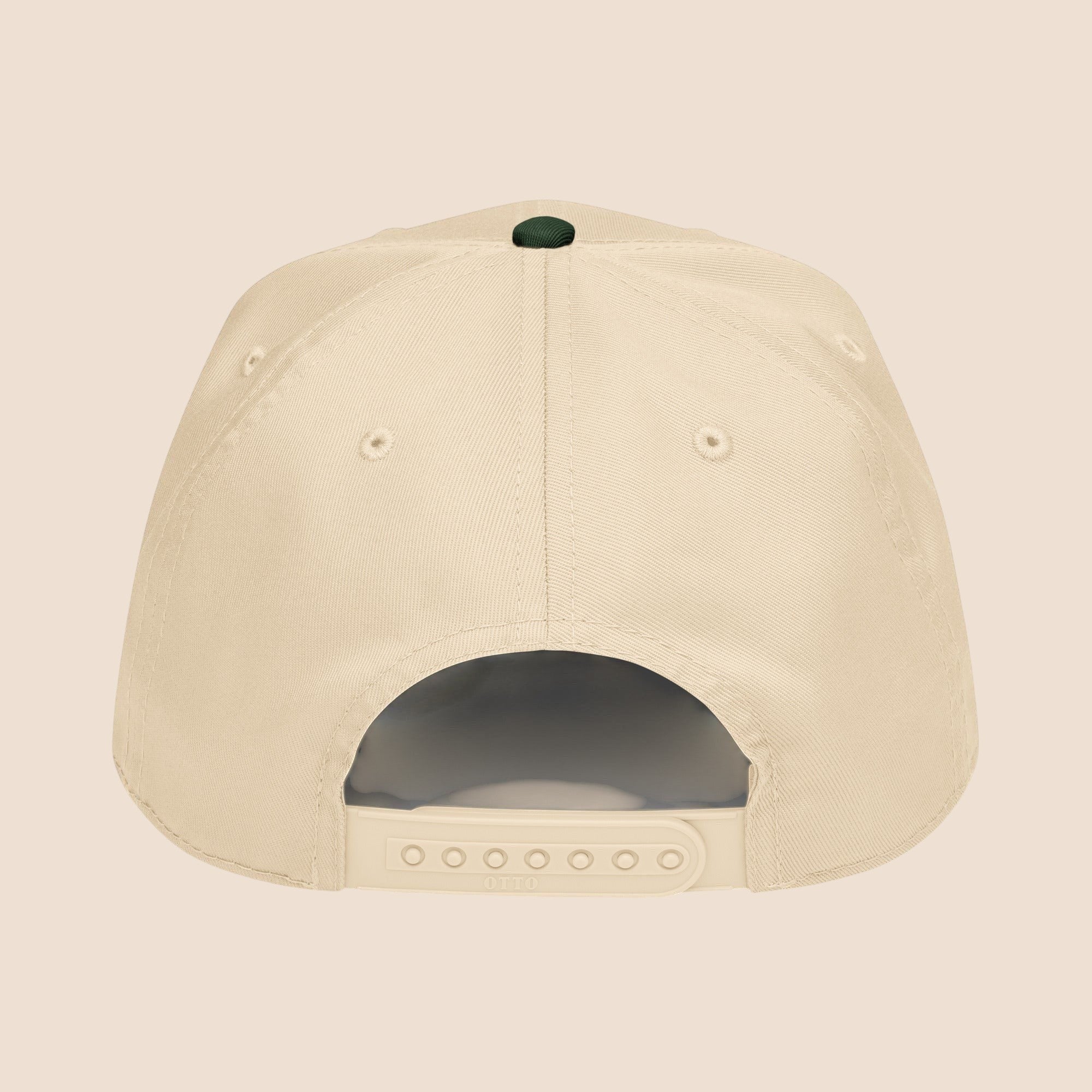 PUNJAB BOLDA beige 5 panel cap with dark green button on top, adjustable snap closure, and polyester-cotton blend.