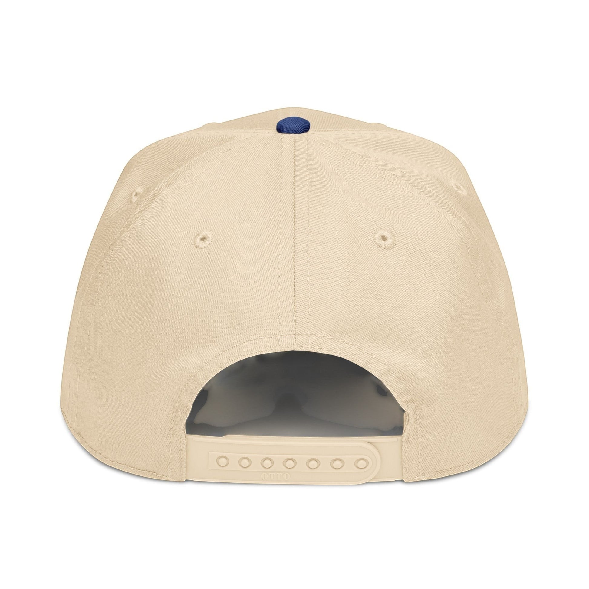 PUNJAB BOLDA beige 5 panel cap with adjustable snap closure and navy blue button on top. Made of polyester and cotton.