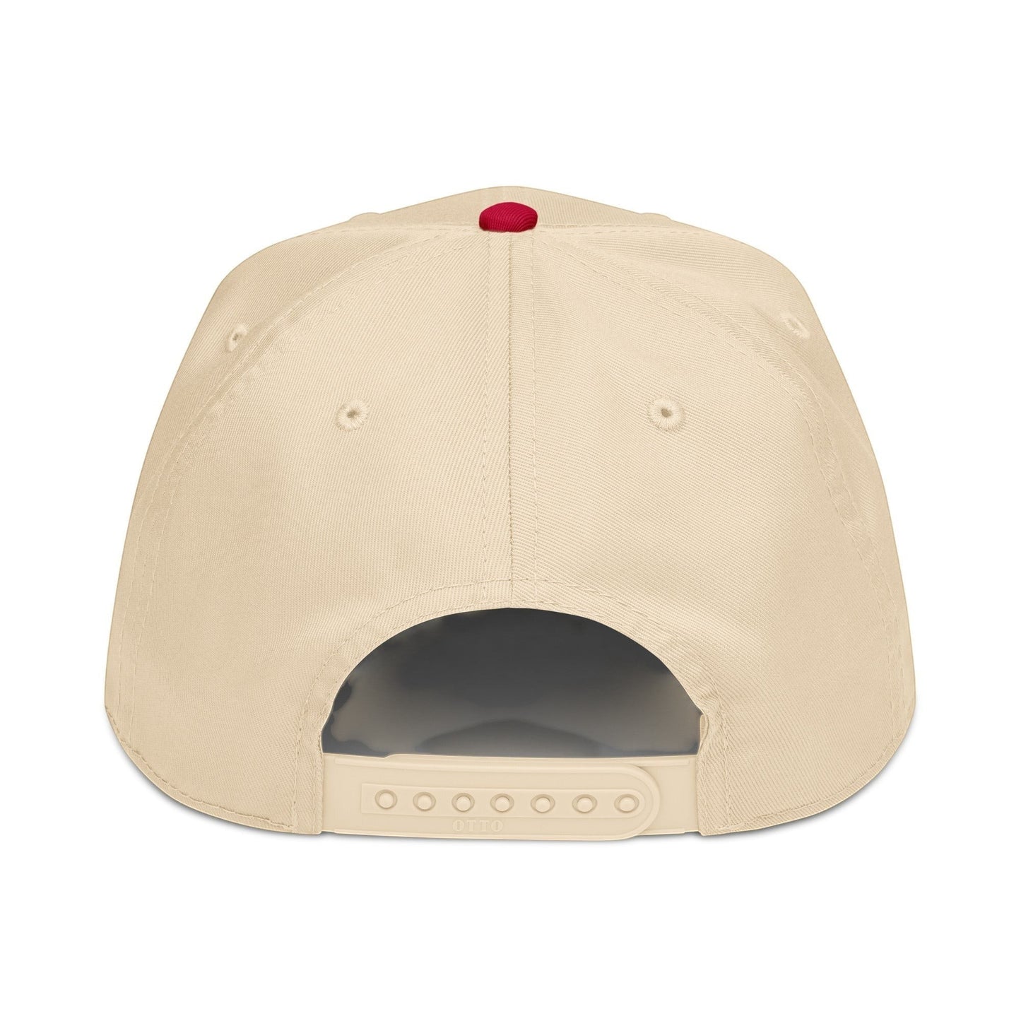 PUNJAB BOLDA beige 5 panel cap with a red button on top and adjustable snap closure. Made of polyester and cotton.
