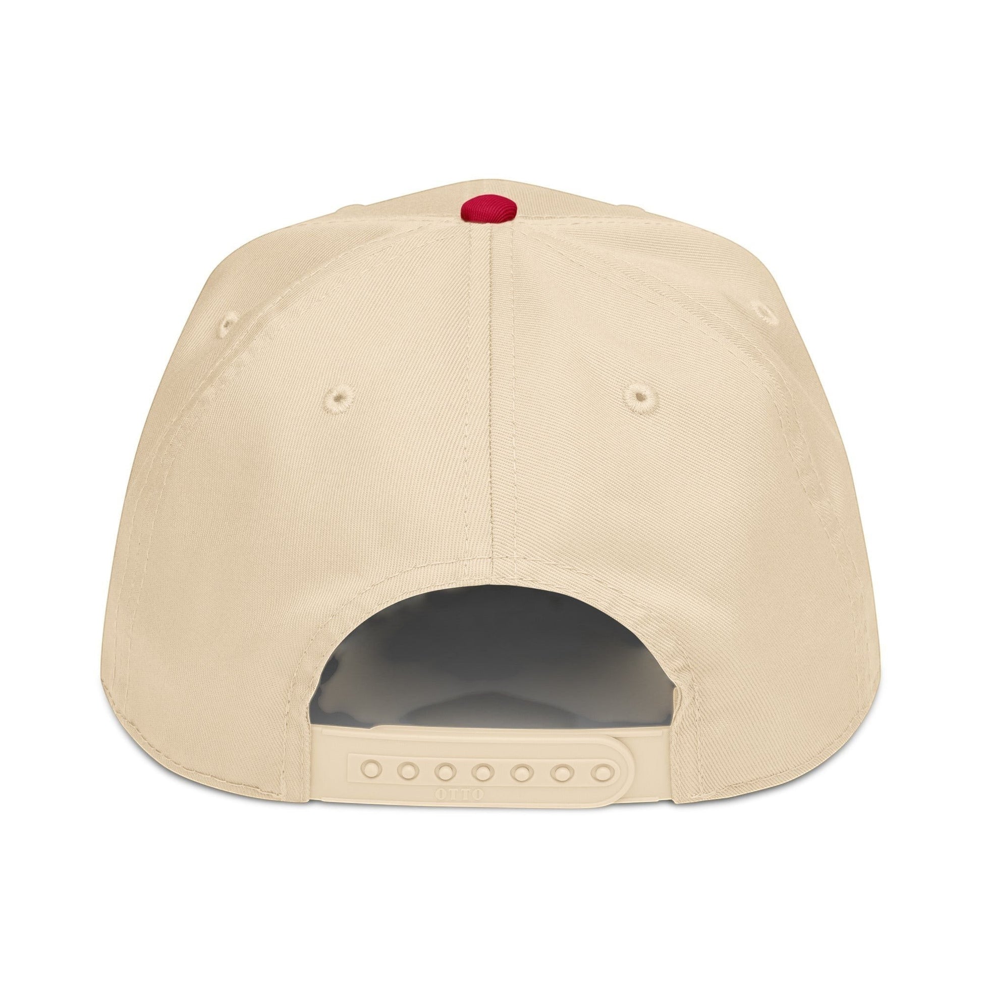 PUNJAB BOLDA beige 5 panel cap with a red button on top and adjustable snap closure. Made of polyester and cotton.