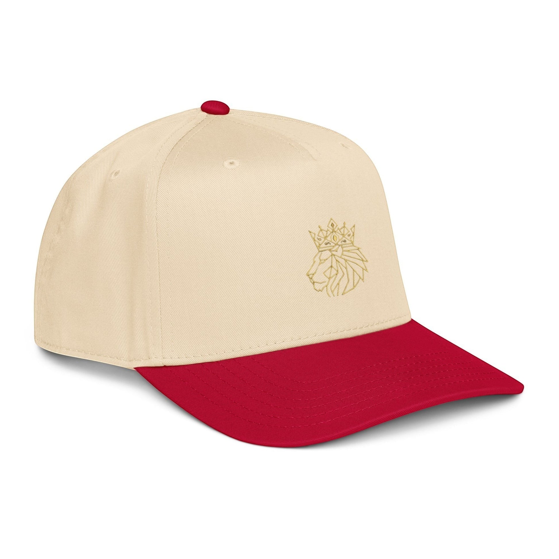 PUNJAB BOLDA beige 5 panel cap with red brim and embroidered crowned lion logo on front panel.