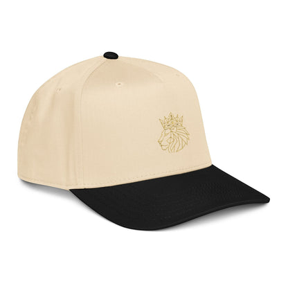 PUNJAB BOLDA cream and black 5 panel cap with embroidered gold lion and crown logo. Polyester-cotton blend.