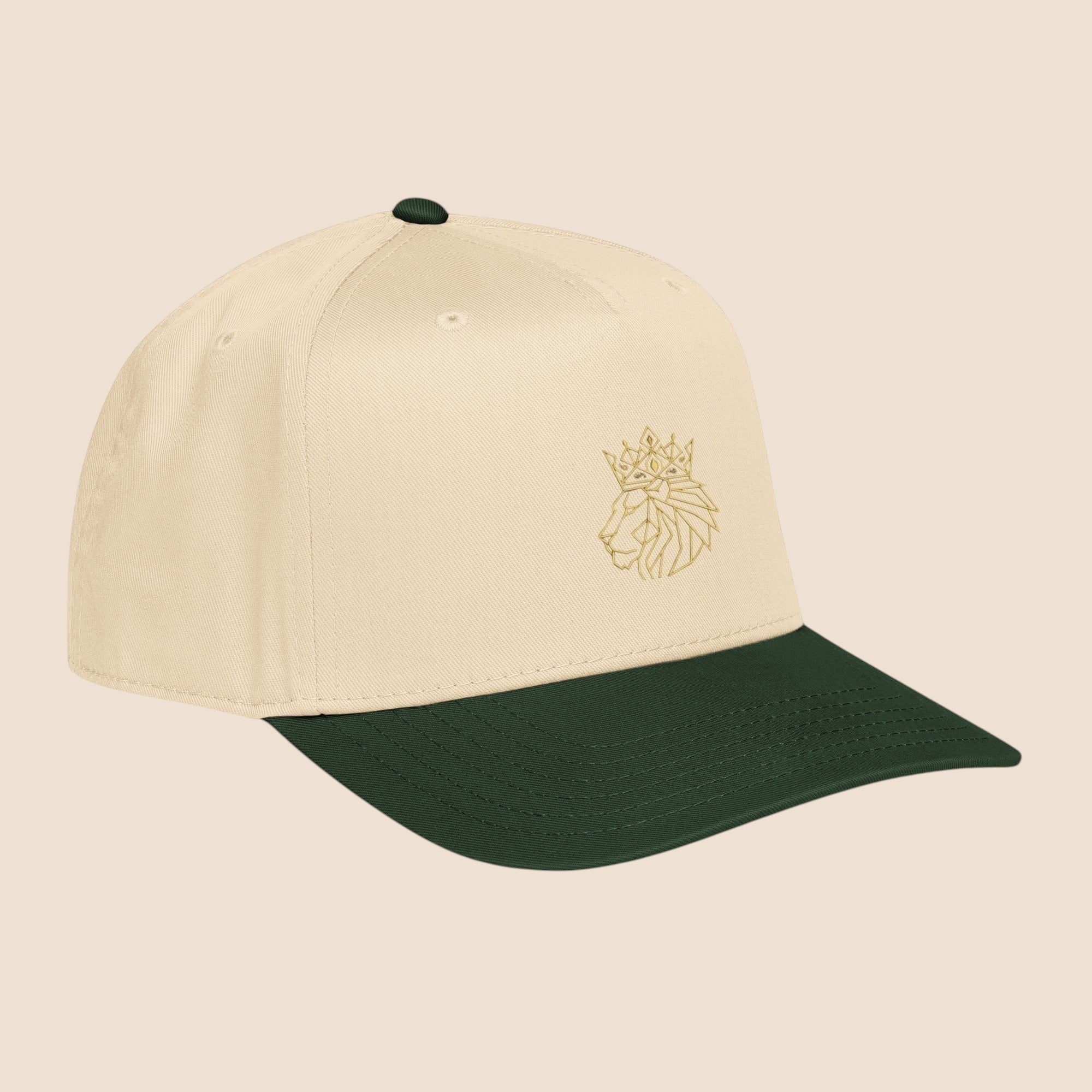 PUNJAB BOLDA cream 5 panel cap with dark green visor and embroidered crowned lion logo.