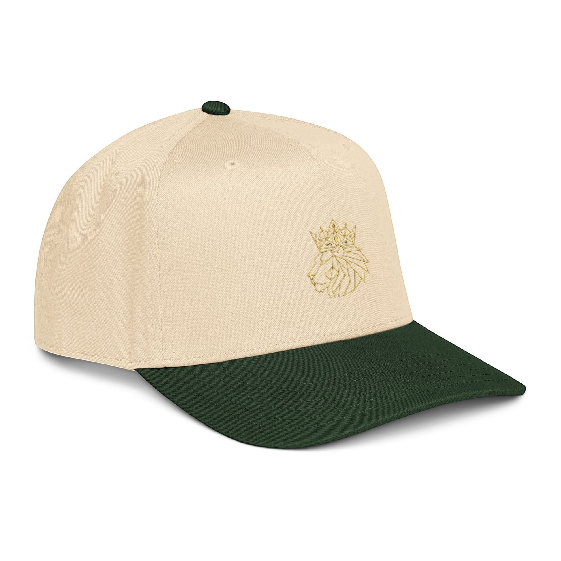 PUNJAB BOLDA cream 5 panel cap with dark green visor and embroidered crowned lion logo.