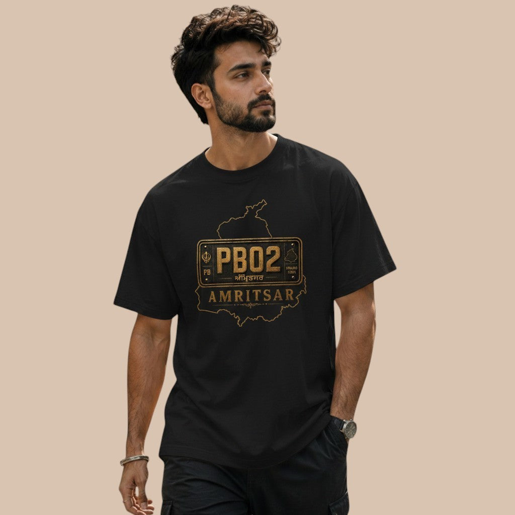 PUNJAB BOLDA black unisex classic tee with Amritsar district map graphic and PB02 license plate design.