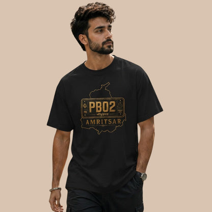 PUNJAB BOLDA black unisex classic tee with Amritsar district map graphic and PB02 license plate design.