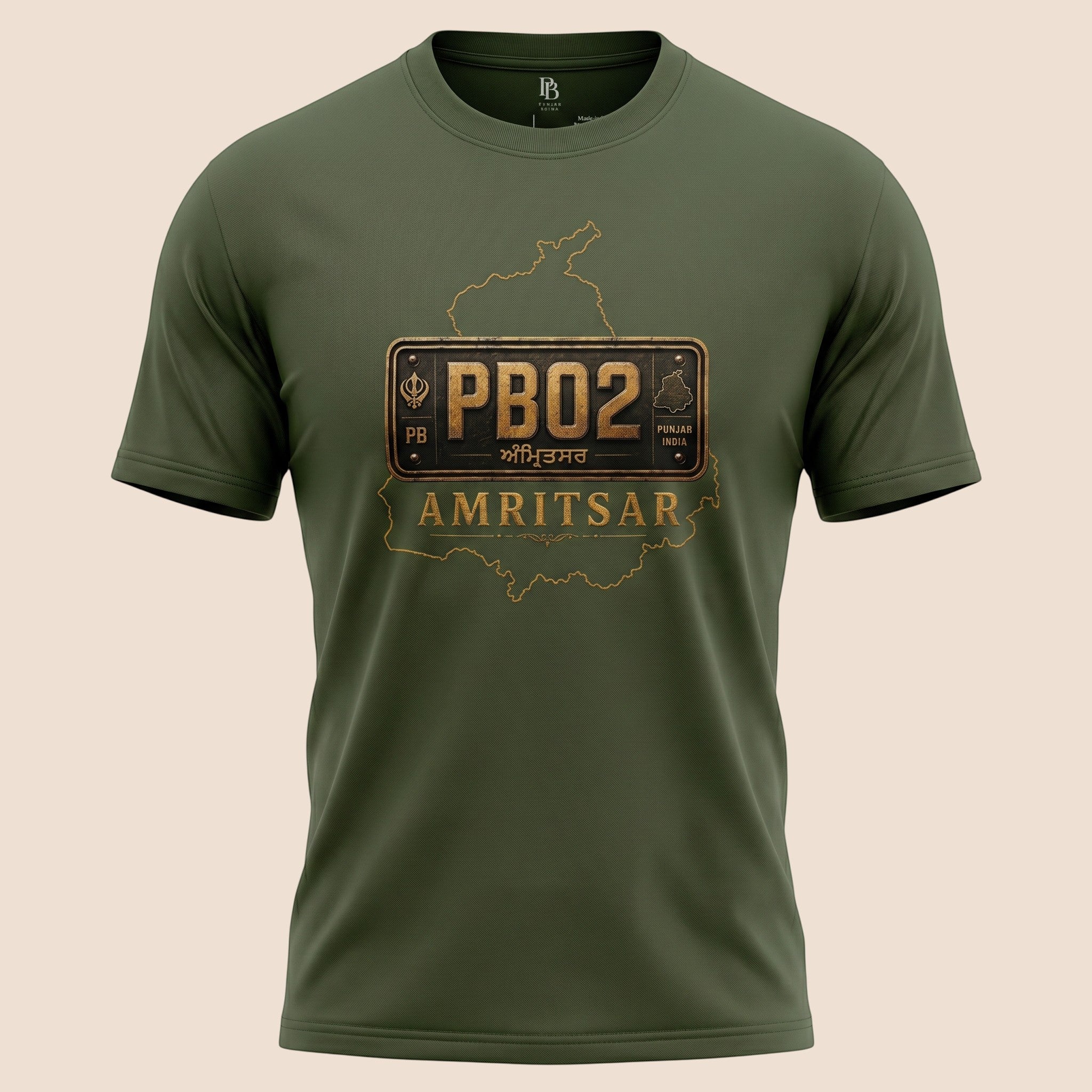 PUNJAB BOLDA olive green unisex classic tee featuring a PB02 Amritsar district graphic print on the chest.