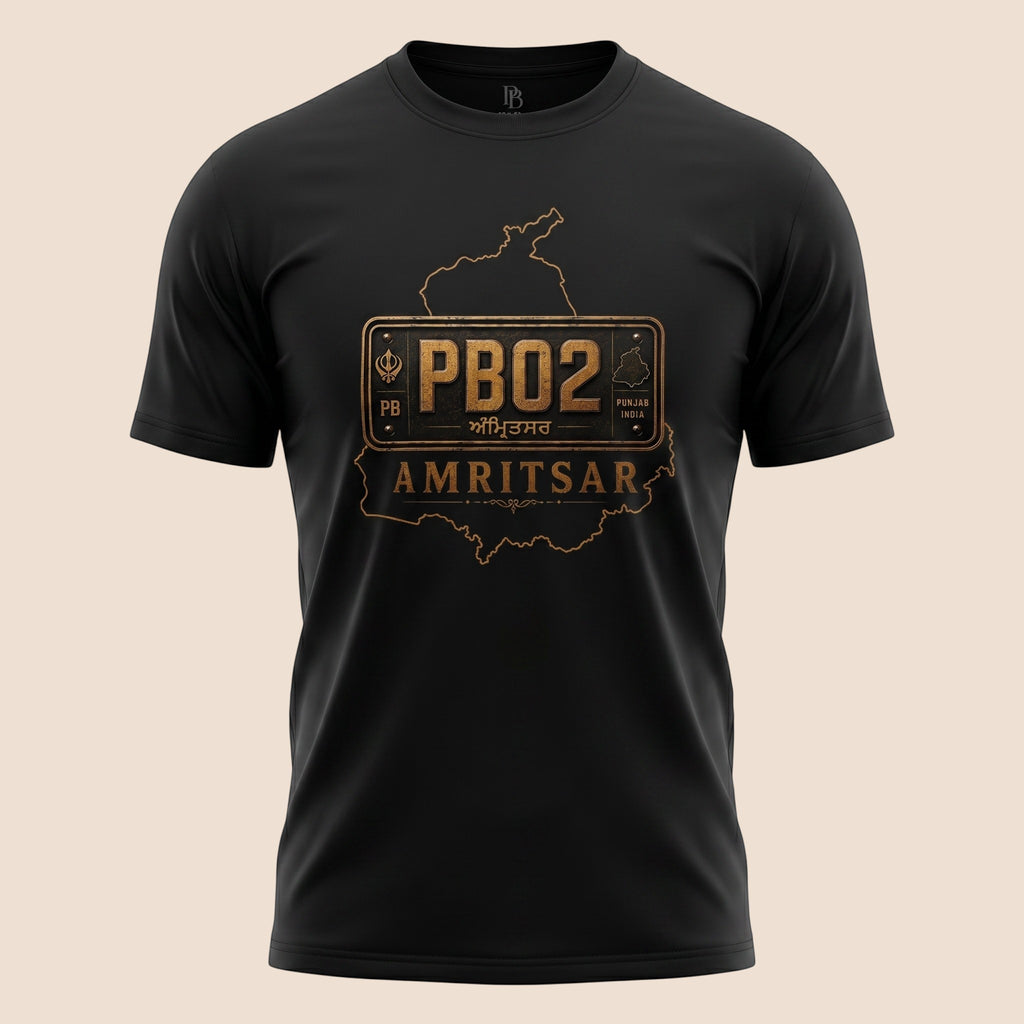 PUNJAB BOLDA black unisex classic tee featuring a gold PB02 Amritsar district graphic print on the chest.