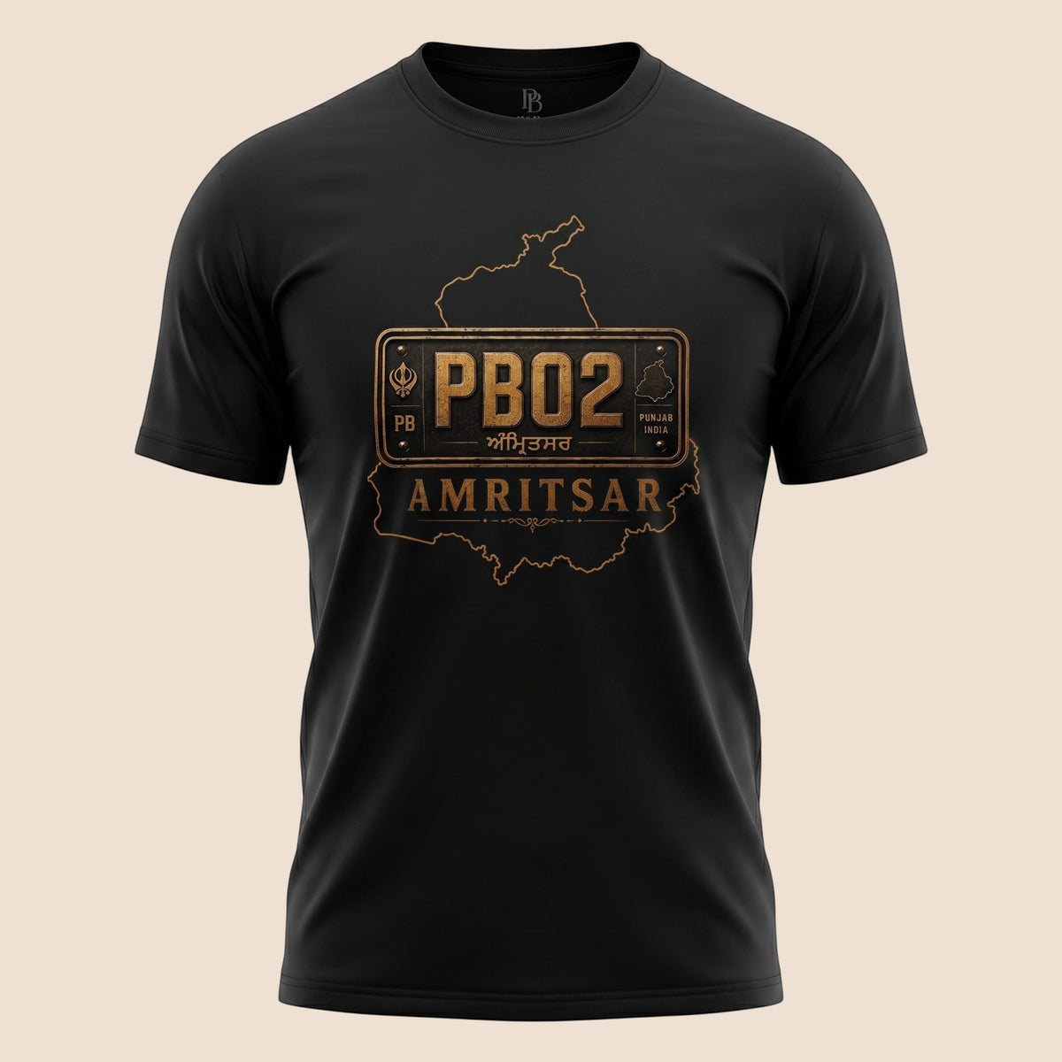 PUNJAB BOLDA black unisex classic tee featuring a gold PB02 Amritsar district graphic print on the chest.