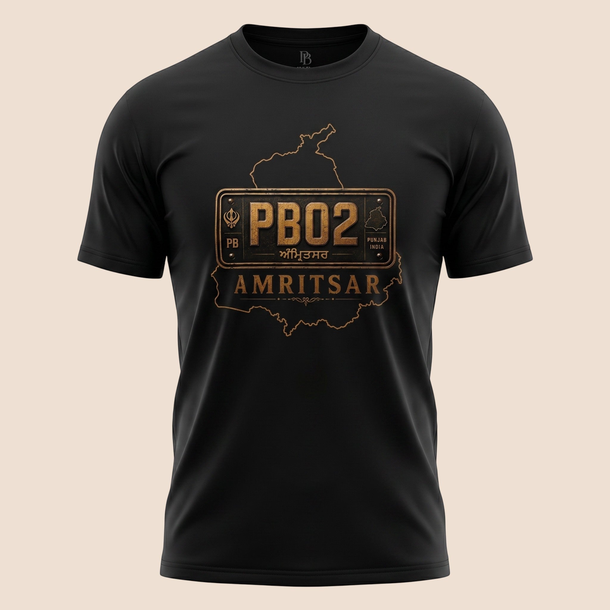 PUNJAB BOLDA black unisex classic tee featuring a gold PB02 Amritsar district graphic print on the chest.