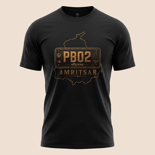 PUNJAB BOLDA black unisex classic tee featuring a gold PB02 Amritsar district graphic print on the chest.