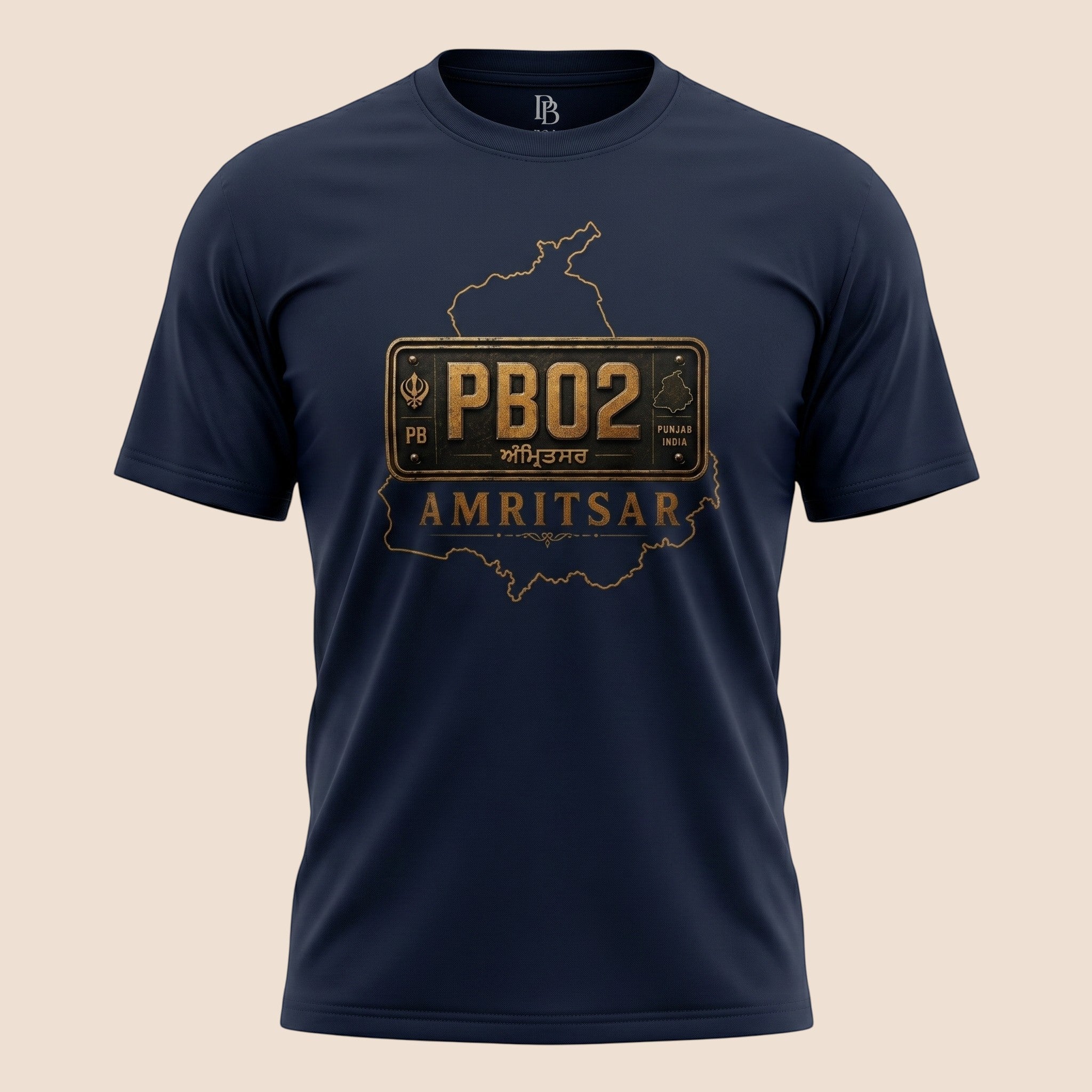 PUNJAB BOLDA navy blue unisex classic tee featuring a gold PB02 Amritsar district graphic print on the chest.