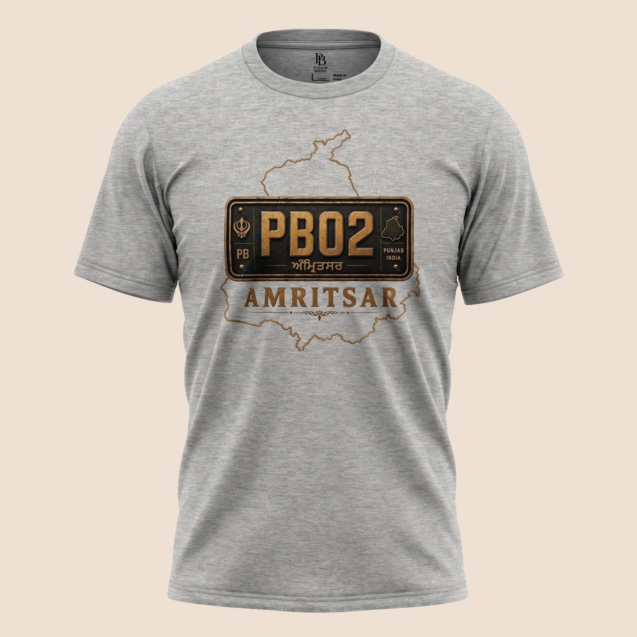 PUNJAB BOLDA grey unisex classic tee featuring an Amritsar PB02 district license plate graphic design.