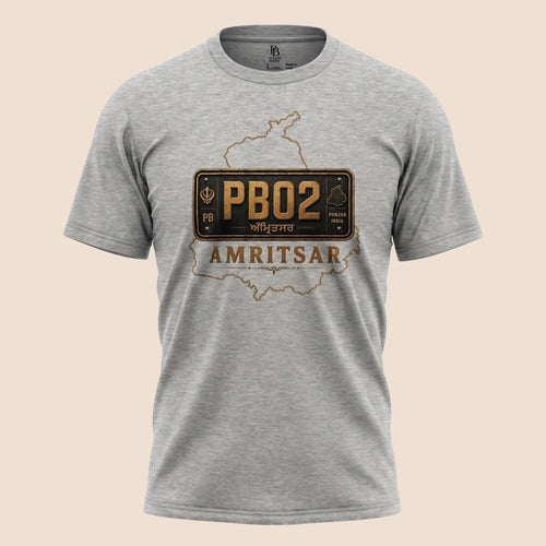 PUNJAB BOLDA grey unisex classic tee featuring an Amritsar PB02 district license plate graphic design.