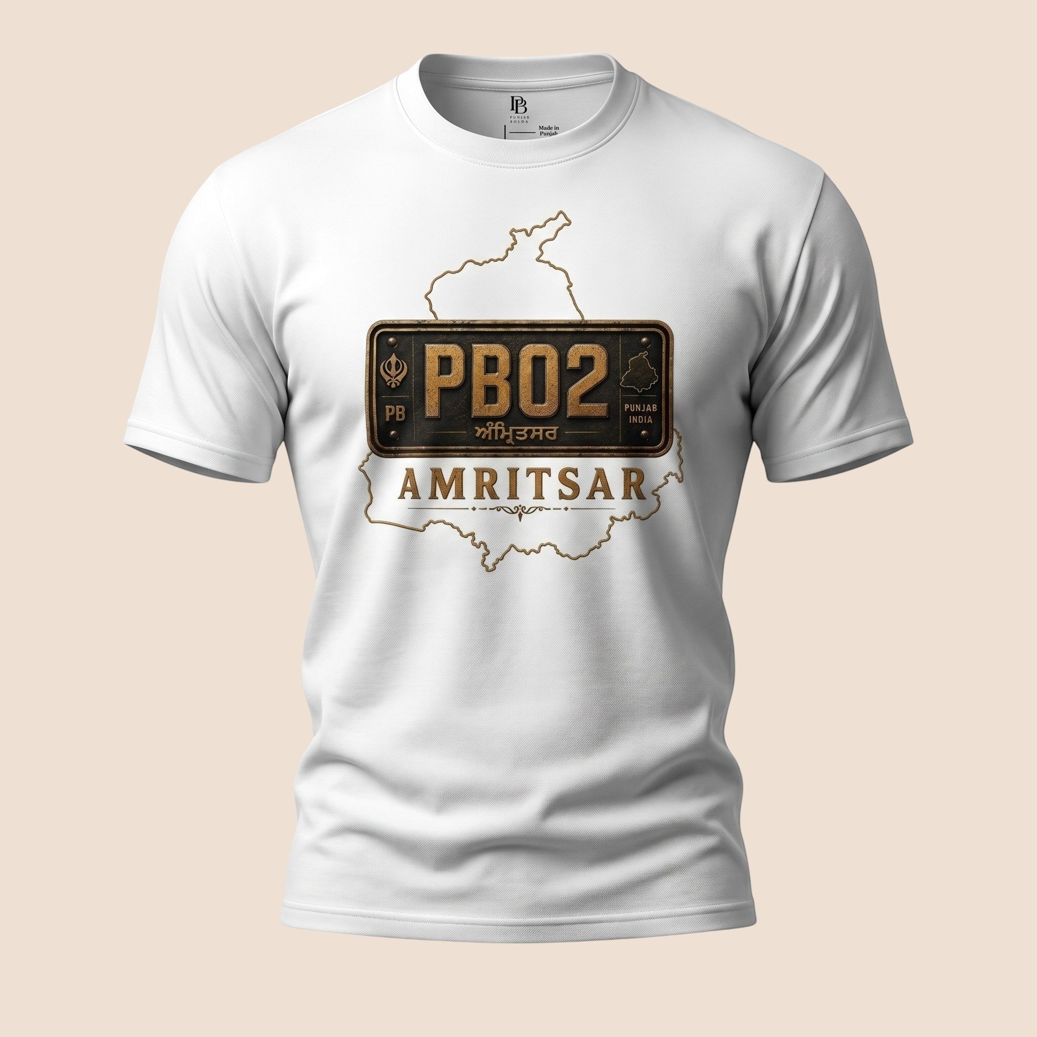 PUNJAB BOLDA white unisex classic tee featuring an Amritsar PB02 district graphic and heritage-inspired design.