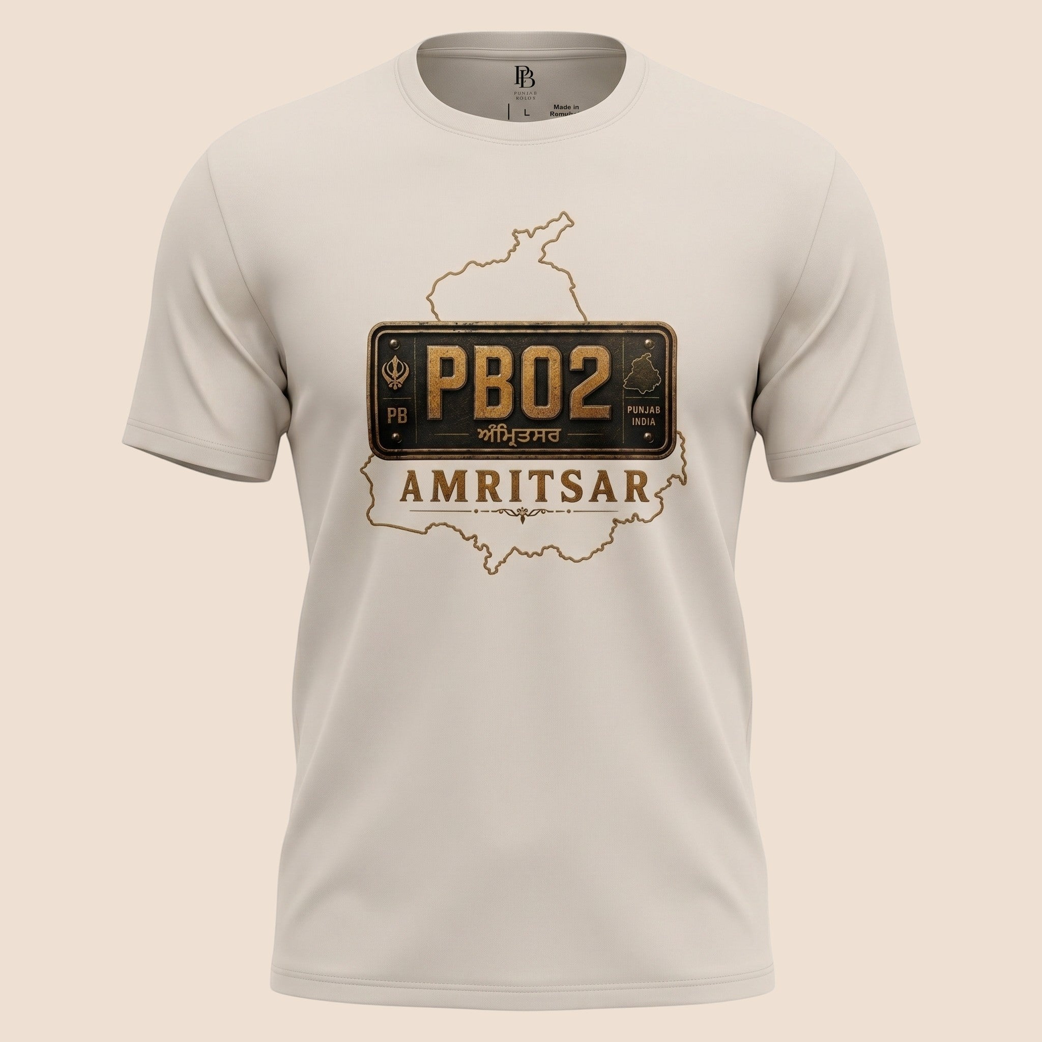 PUNJAB BOLDA unisex classic tee in beige featuring a vintage PB02 Amritsar license plate graphic and map outline.