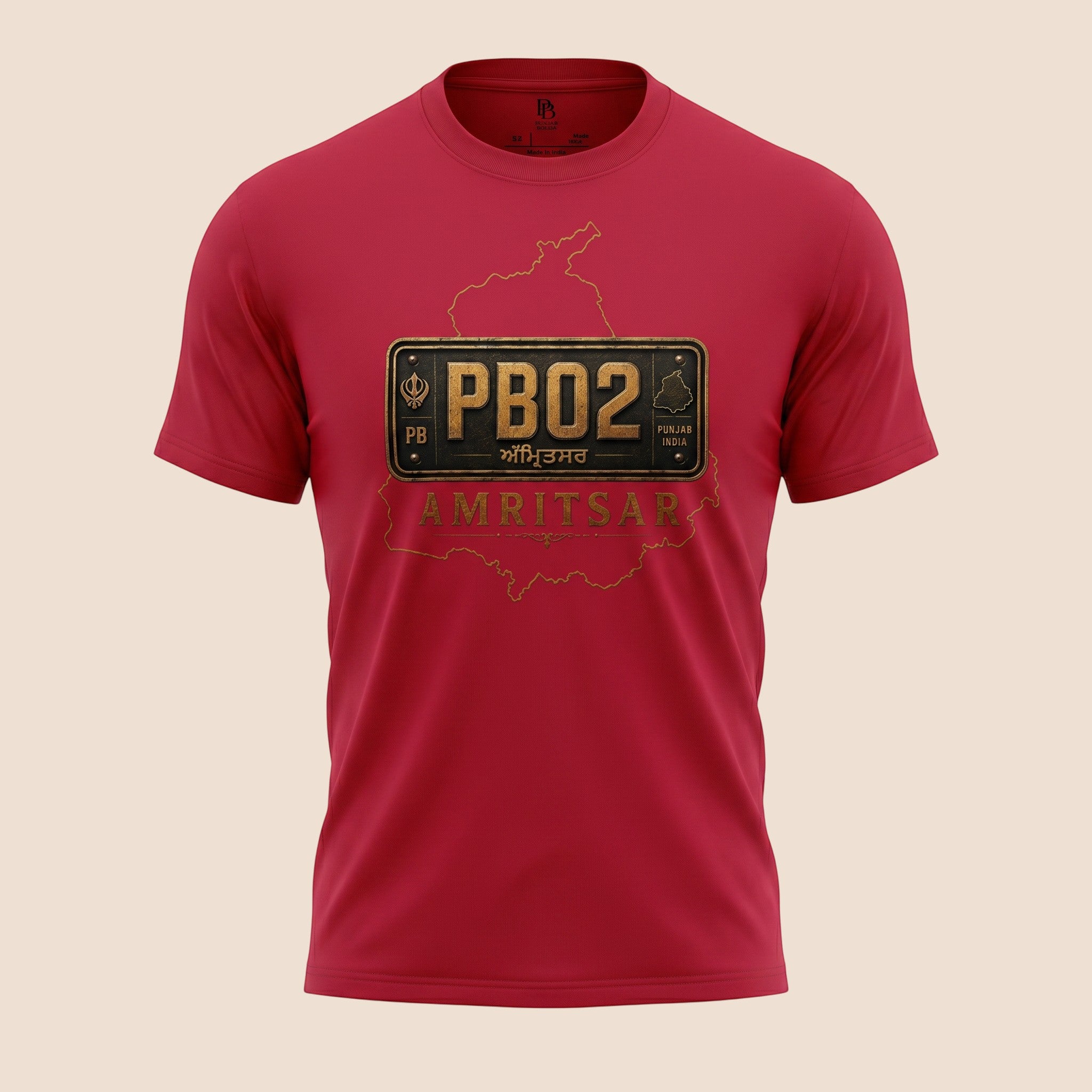 PUNJAB BOLDA red unisex classic tee featuring a vintage PB02 Amritsar license plate graphic and district outline.