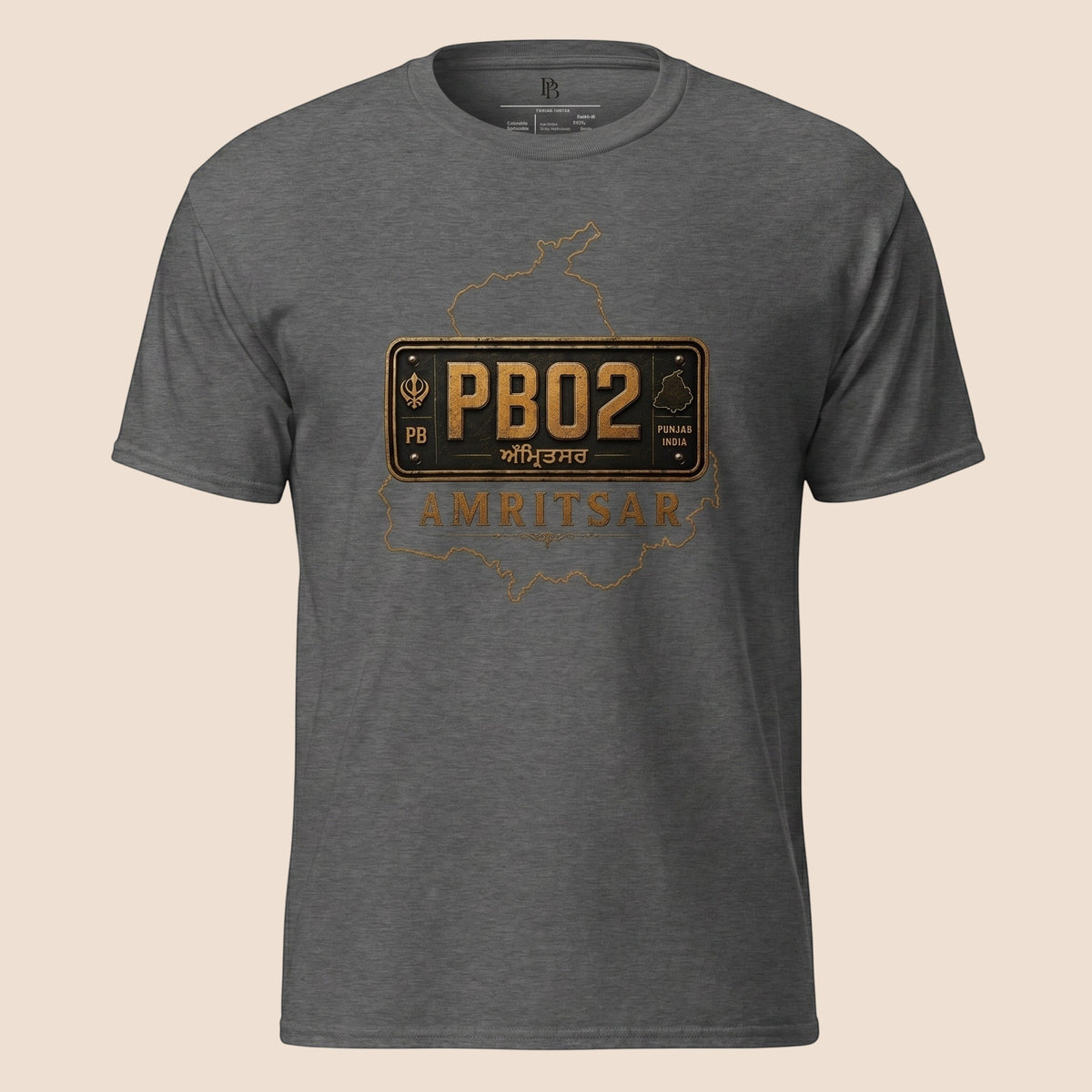 PUNJAB BOLDA charcoal grey unisex classic tee featuring a vintage PB02 Amritsar license plate graphic design.