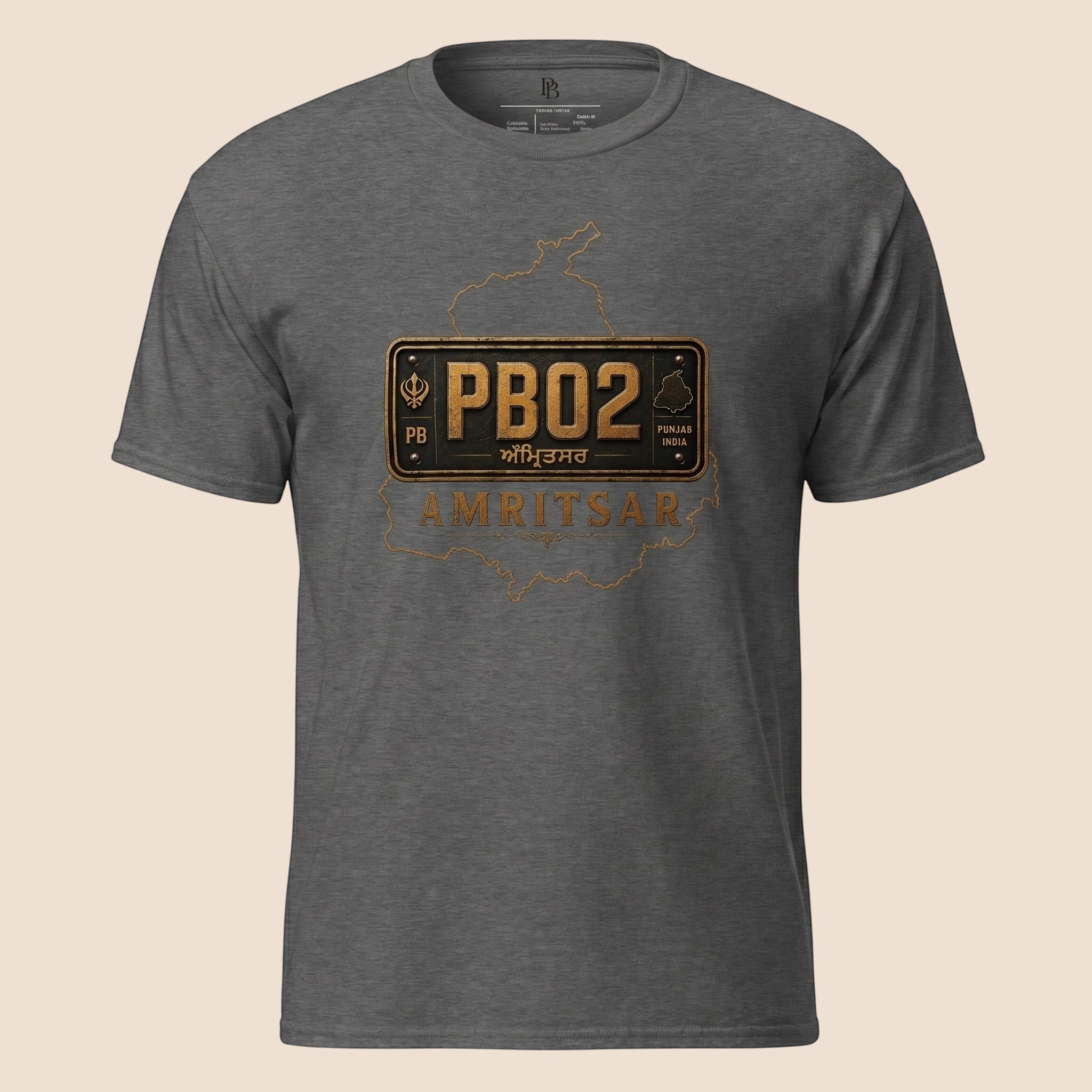 PUNJAB BOLDA charcoal grey unisex classic tee featuring a vintage PB02 Amritsar license plate graphic design.