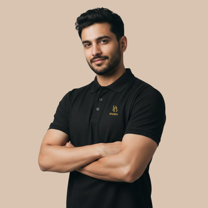 PUNJAB BOLDA ANAKH premium black pique polo shirt with gold logo, 100% cotton, classic fit, for everyday wear.