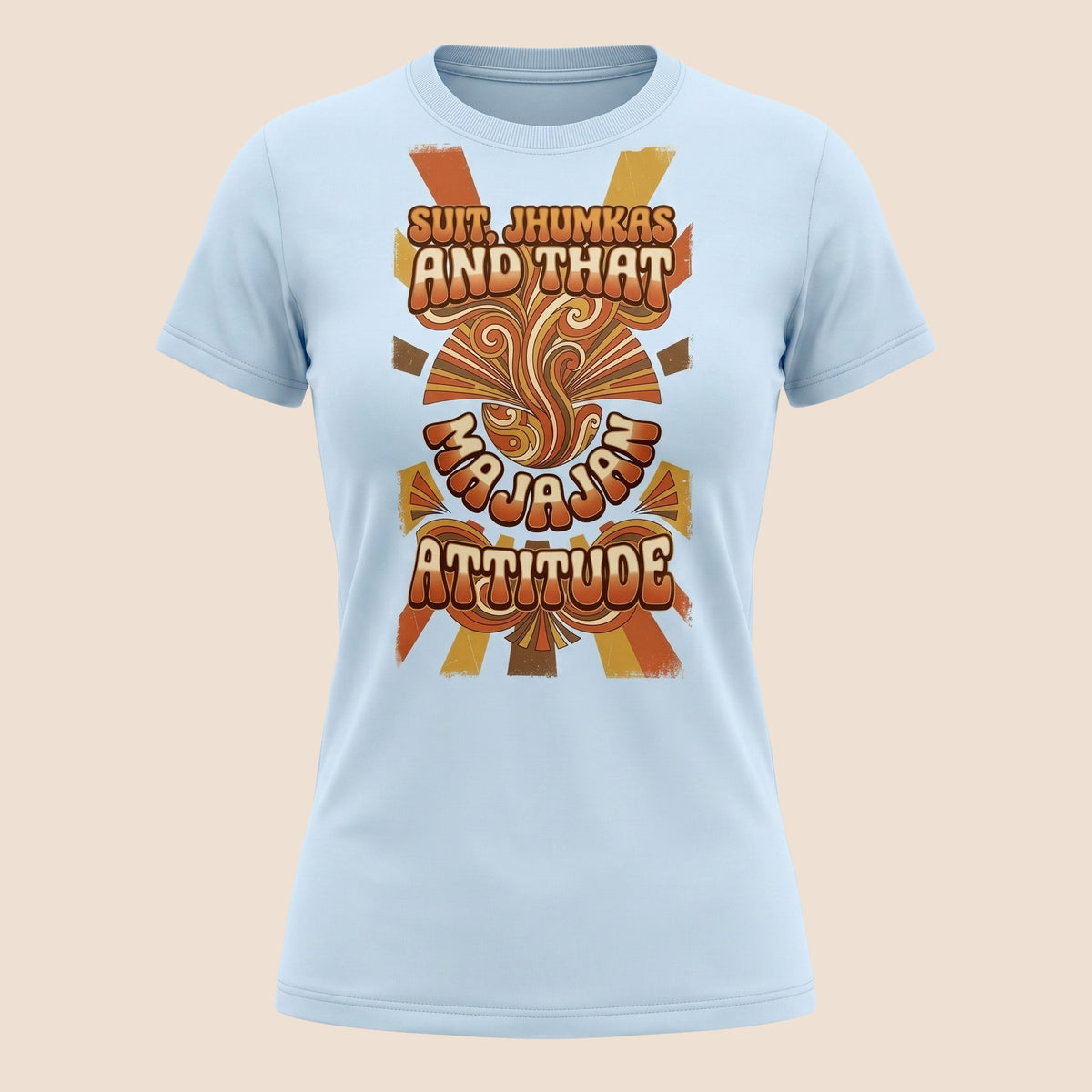 PUNJAB BOLDA light blue unisex cotton t-shirt featuring retro orange and brown graphic text and desi art design.