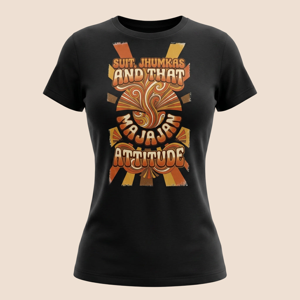 PUNJAB BOLDA black unisex cotton t-shirt featuring retro orange and yellow graphic text about desi attitude.