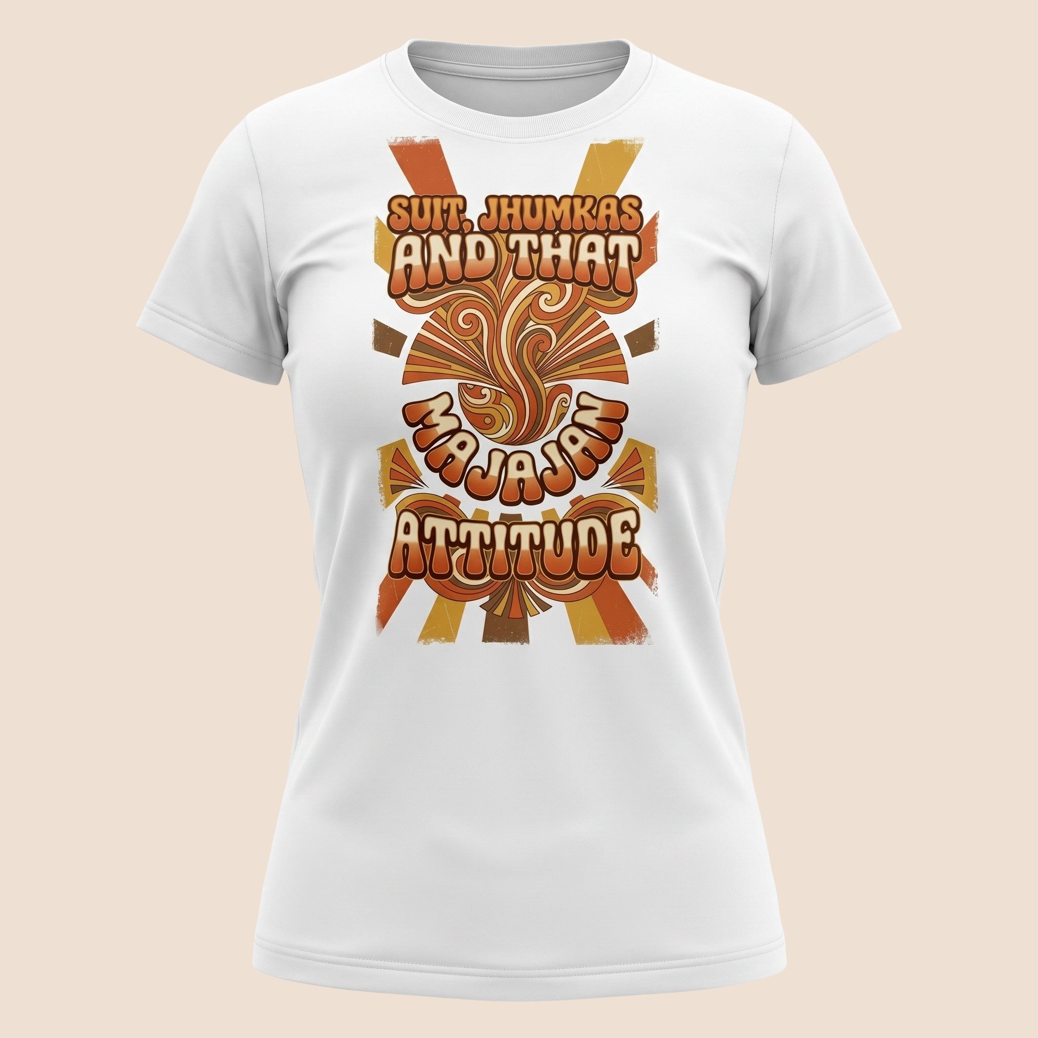 PUNJAB BOLDA white unisex cotton t-shirt featuring retro-style orange and brown graphic text and desi art design.