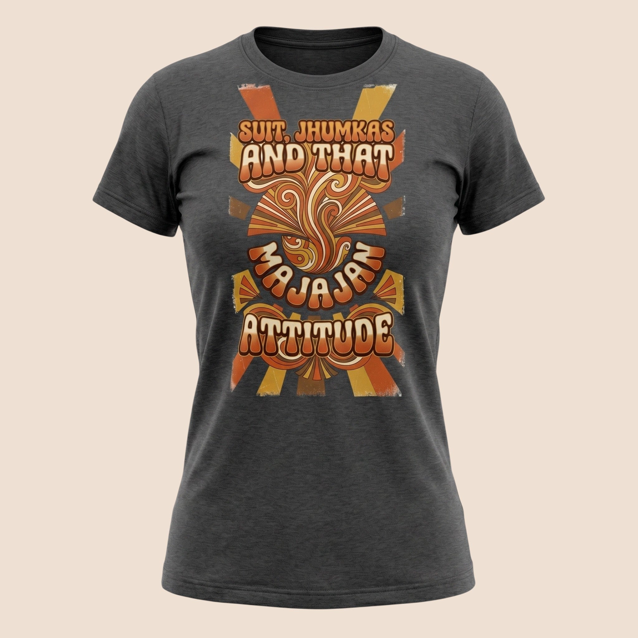 PUNJAB BOLDA charcoal grey unisex cotton t-shirt featuring retro orange and yellow graphic text design.