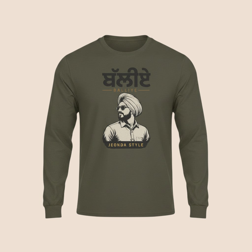 PUNJAB BOLDA olive green long sleeve cotton shirt featuring a graphic of a man in a turban and sunglasses.