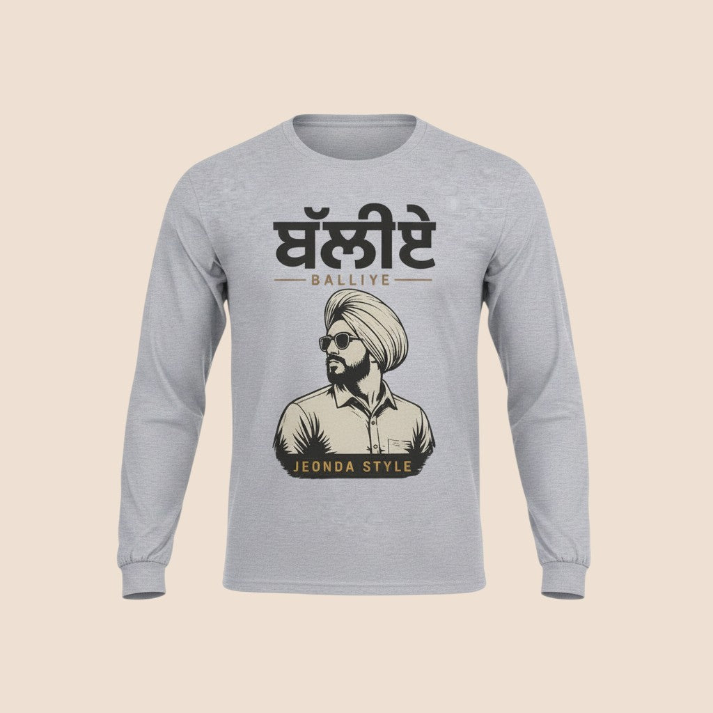 PUNJAB BOLDA Sport Grey long sleeve cotton shirt with a graphic print of a man in a turban and sunglasses.