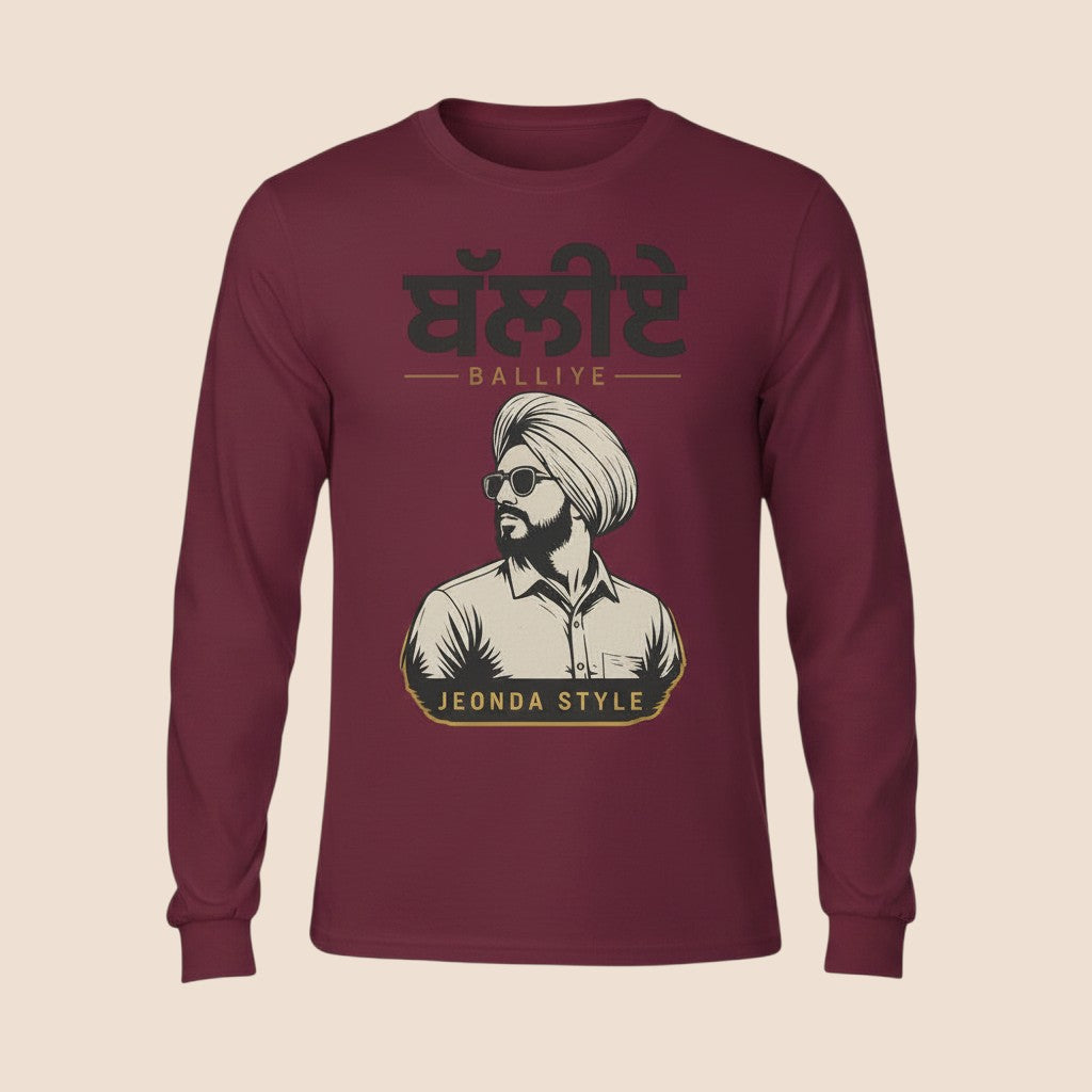 PUNJAB BOLDA maroon long sleeve cotton shirt featuring a graphic of a man in a turban and sunglasses with text.