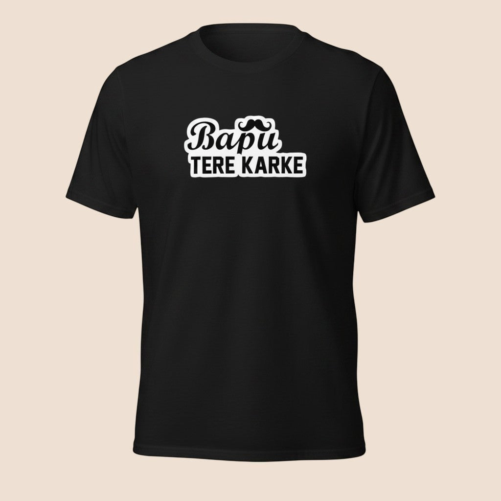 PUNJAB BOLDA black cotton unisex classic tee featuring white Bapu Tere Karke text and a mustache graphic.