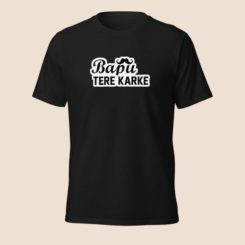 PUNJAB BOLDA black cotton unisex classic tee featuring white Bapu Tere Karke text and a mustache graphic.