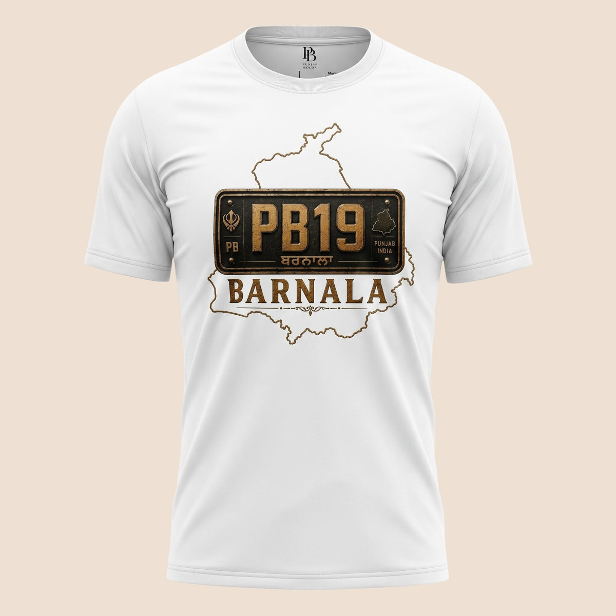 PUNJAB BOLDA white unisex classic tee featuring a Barnala district map and PB19 license plate graphic print.