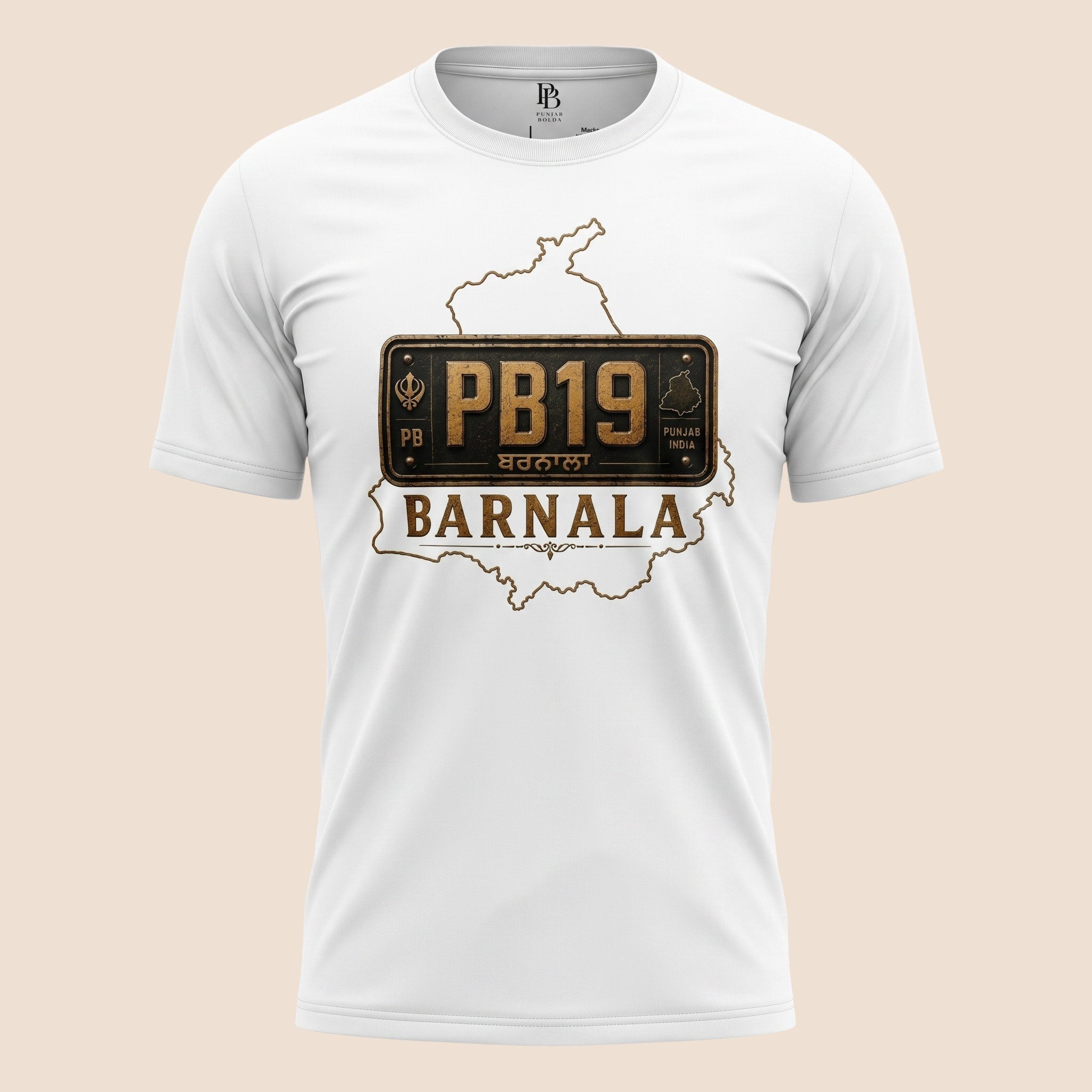 PUNJAB BOLDA white unisex classic tee featuring a Barnala district map and PB19 license plate graphic print.