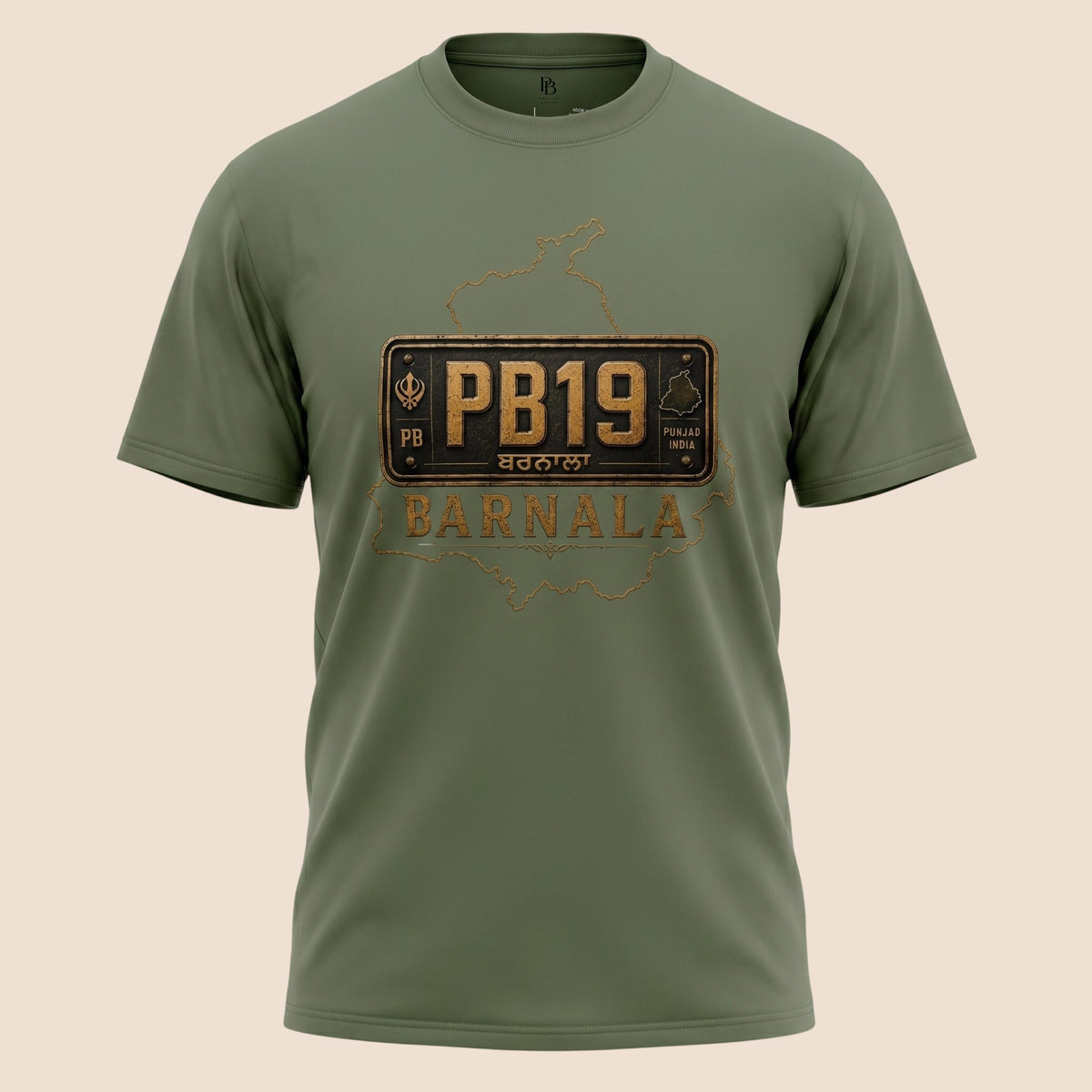 PUNJAB BOLDA olive green unisex classic tee featuring a Barnala district license plate graphic and map outline.