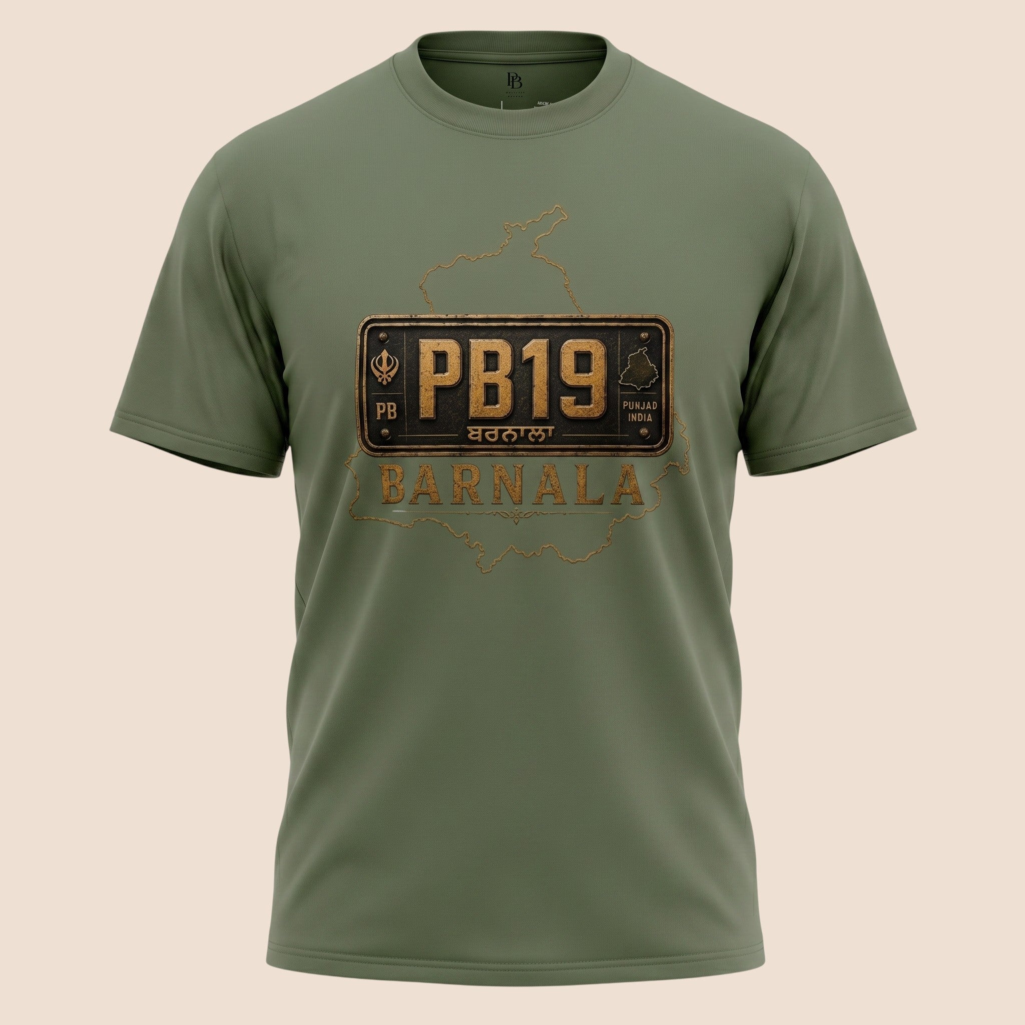 PUNJAB BOLDA olive green unisex classic tee featuring a Barnala district license plate graphic and map outline.