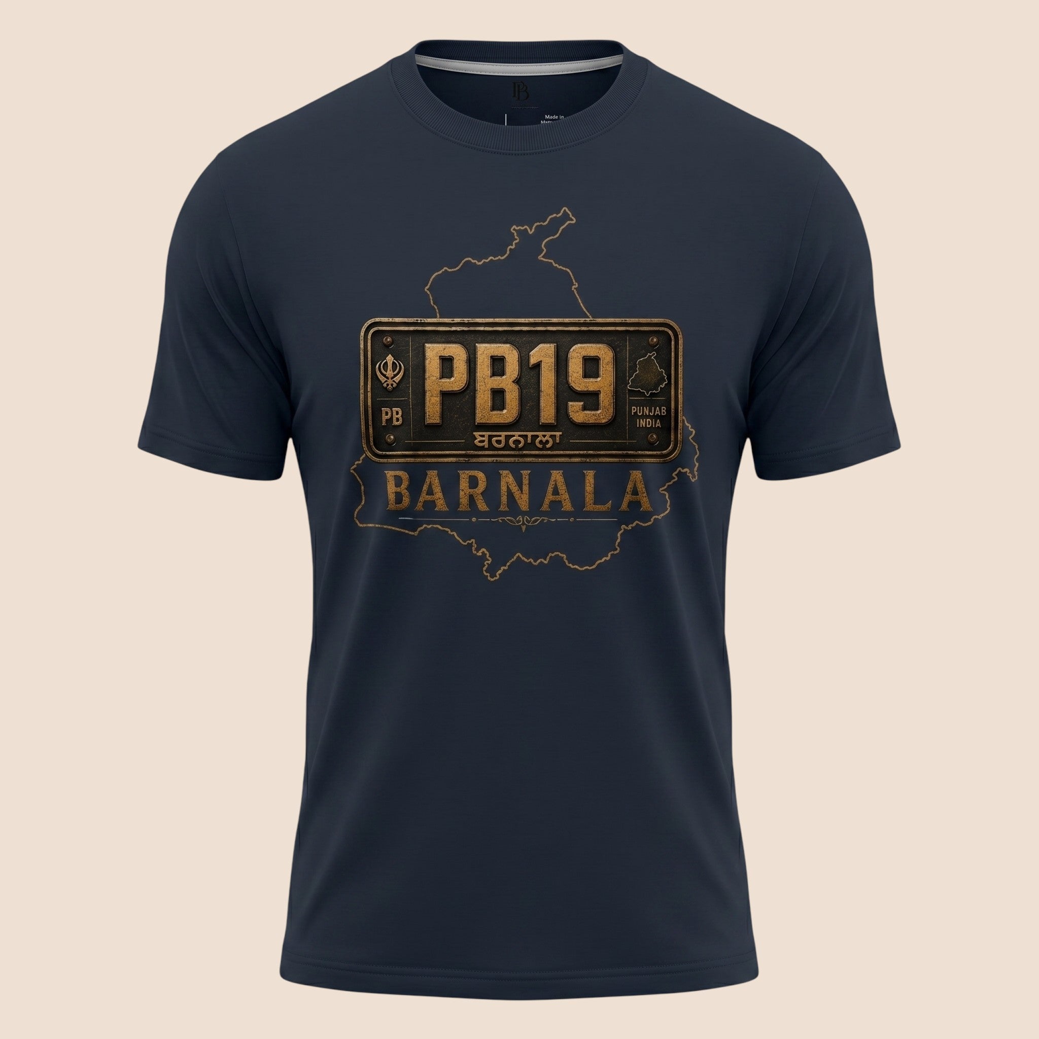 PUNJAB BOLDA navy blue unisex classic tee featuring a vintage PB19 Barnala district license plate graphic print.