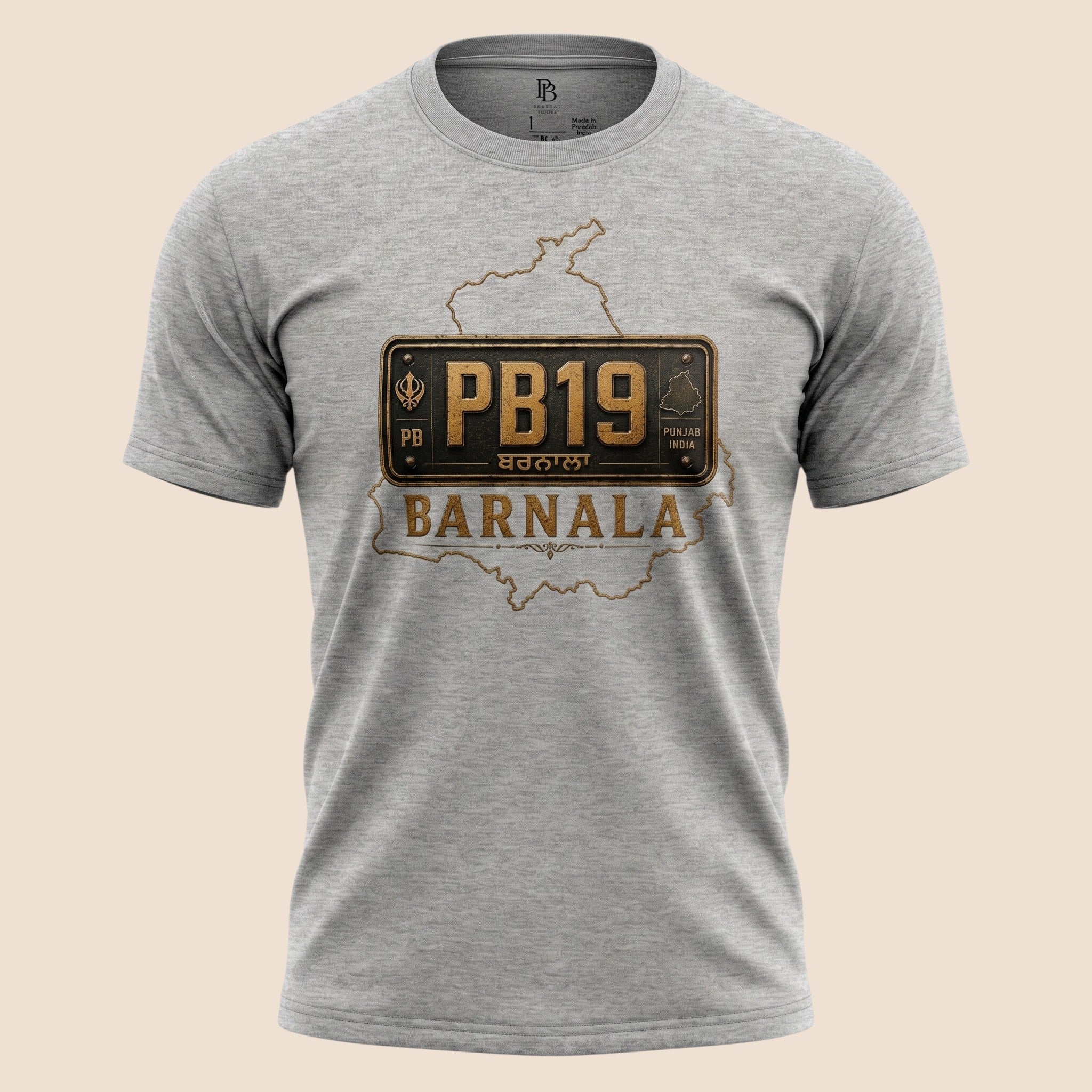 PUNJAB BOLDA grey unisex classic tee featuring a Barnala district license plate graphic and Punjab map outline.