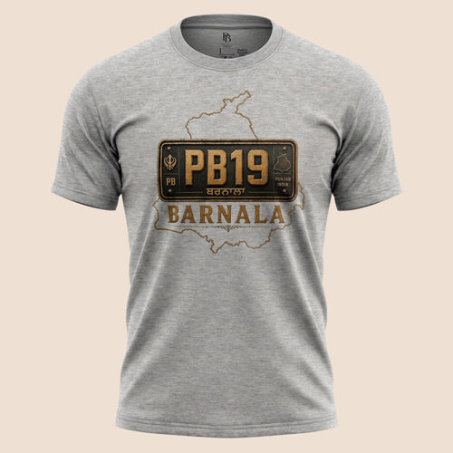 PUNJAB BOLDA grey unisex classic tee featuring a Barnala district license plate graphic and Punjab map outline.