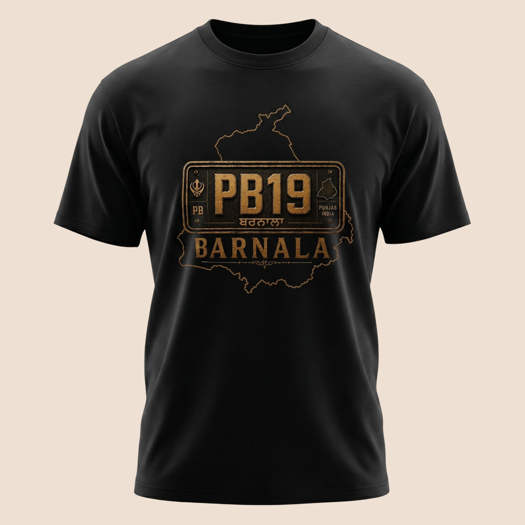 PUNJAB BOLDA black unisex classic tee featuring a vintage PB19 Barnala district license plate graphic design.
