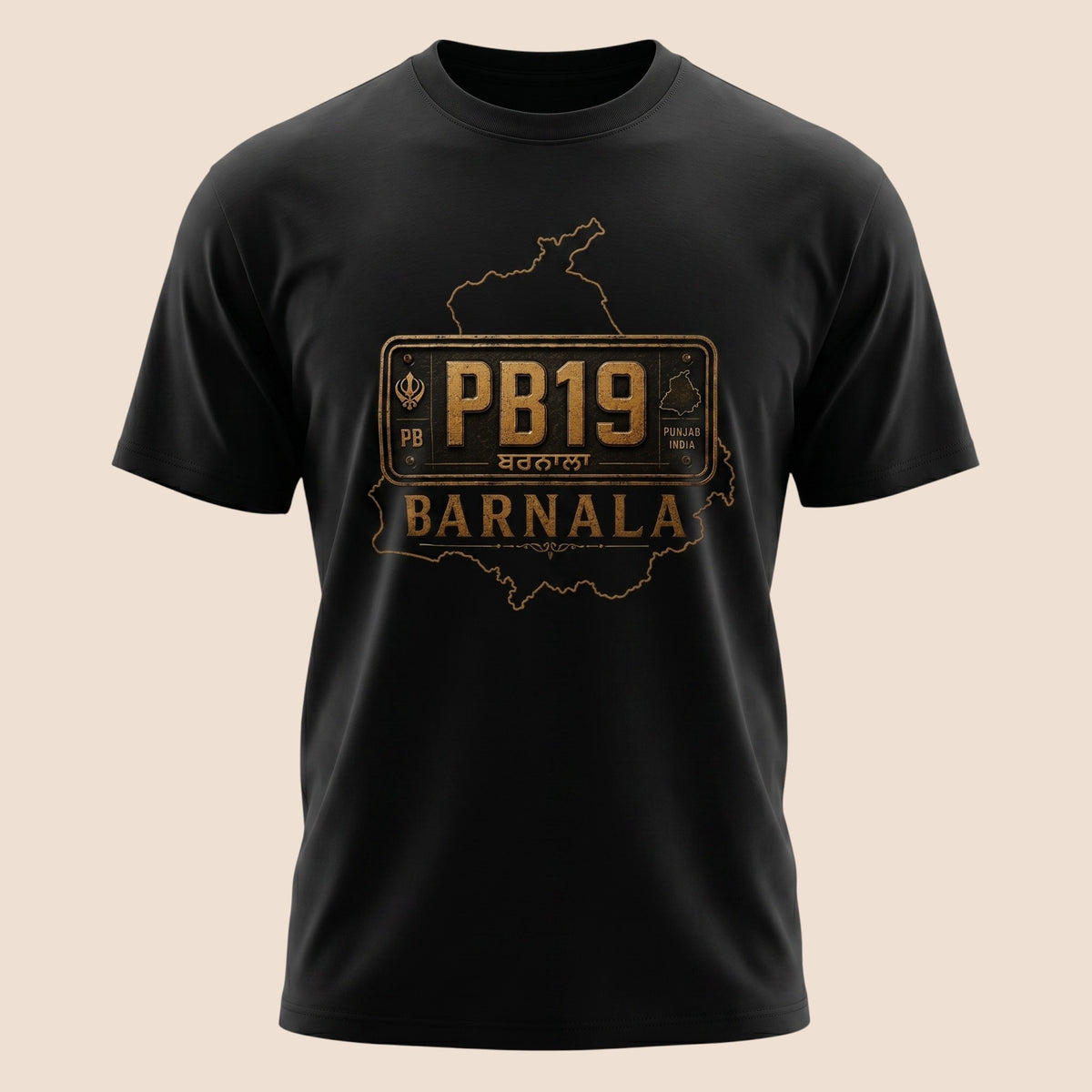 PUNJAB BOLDA black unisex classic tee featuring a vintage PB19 Barnala district license plate graphic design.